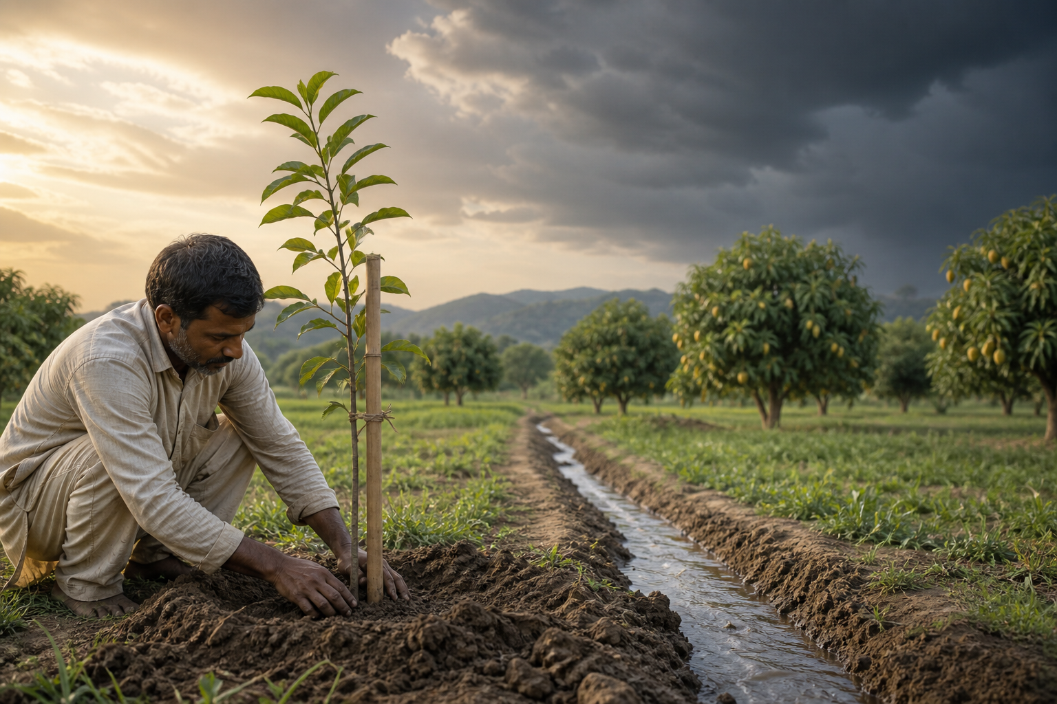 A gardener tends a young supported tree beside an irrigation channel, with fruit-bearing trees and monsoon clouds in the distance.
