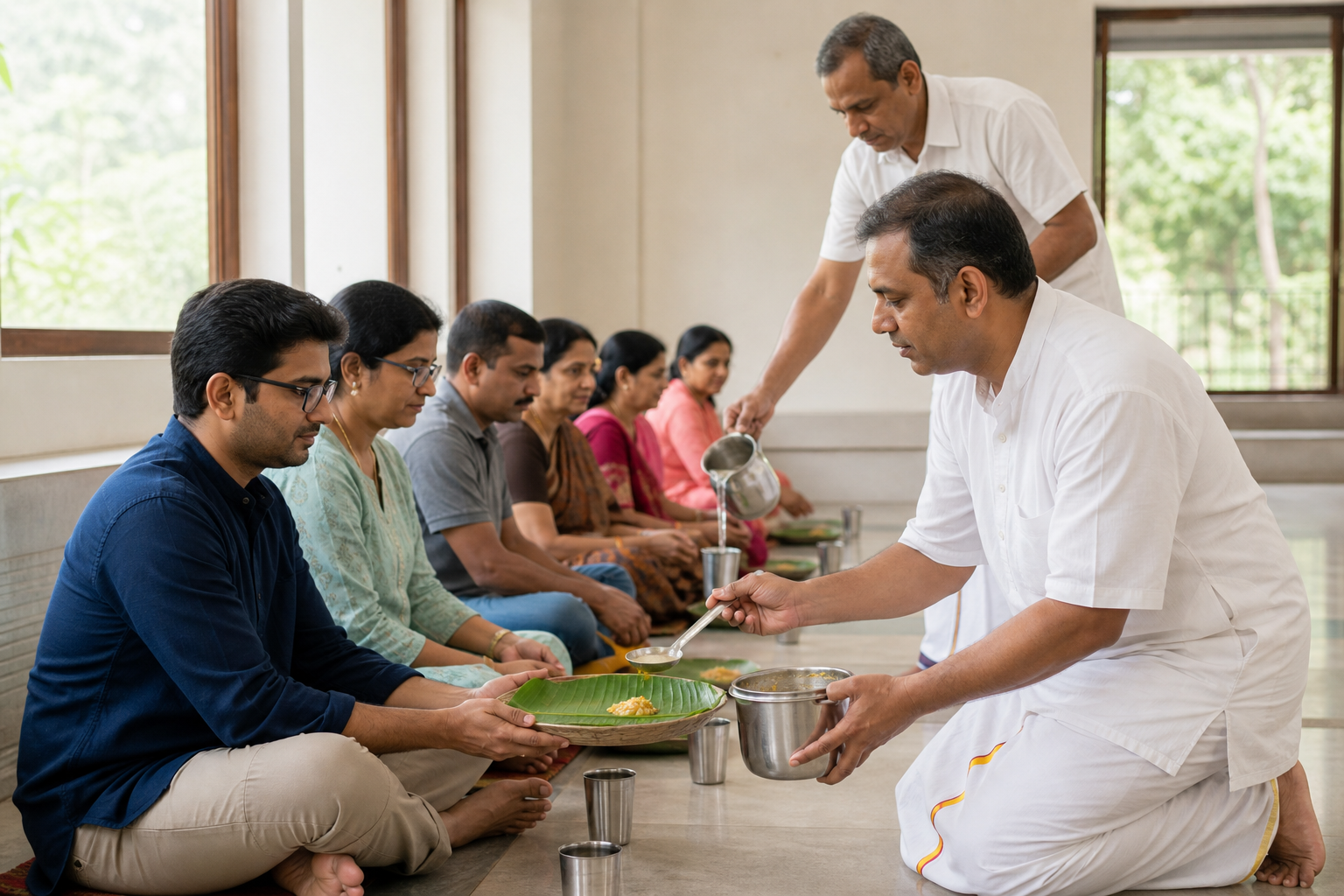 A temple volunteer serves a modest portion of prasadam onto a guest's leaf plate in a clean communal dining hall.