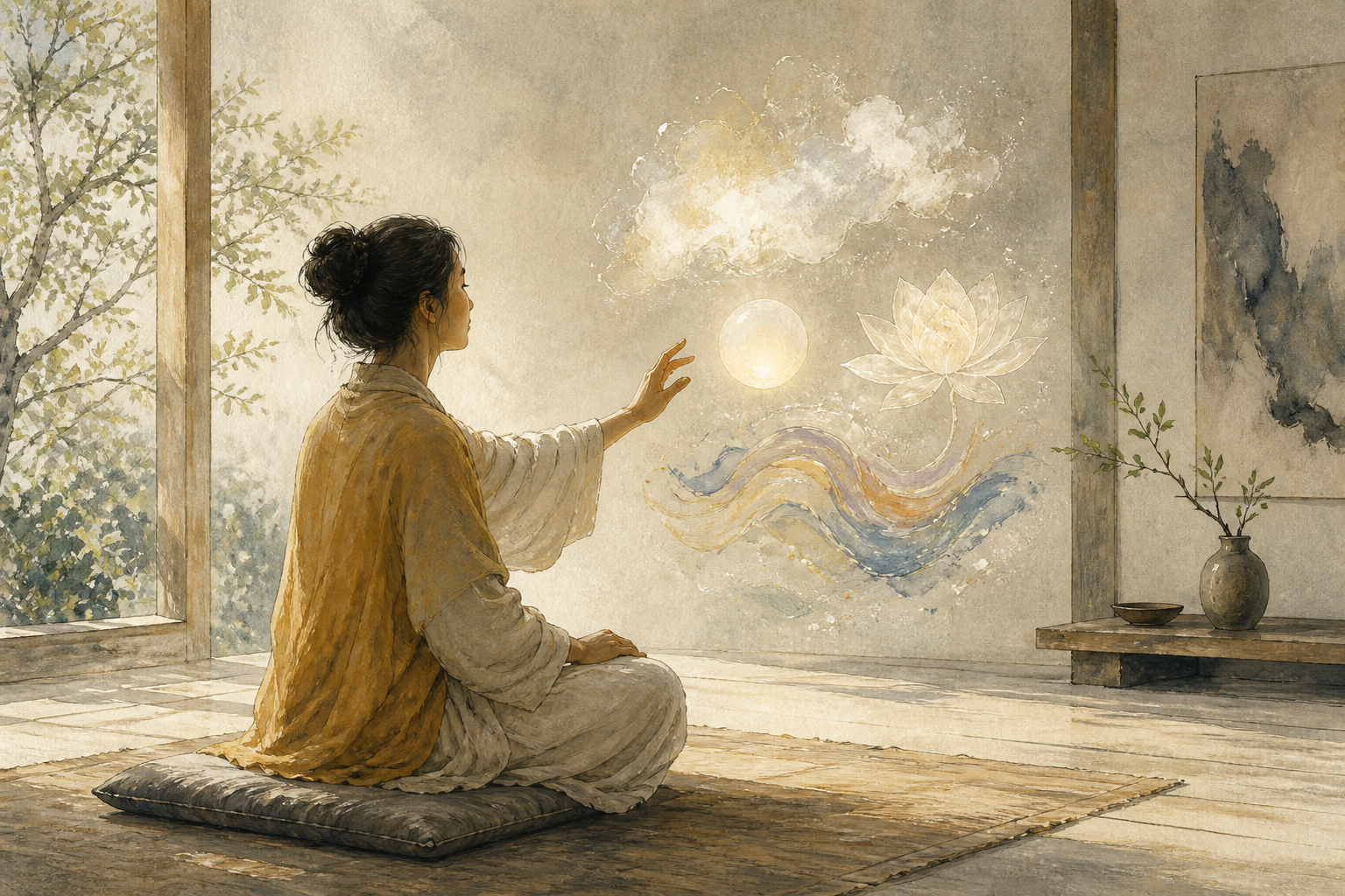 A meditator reaches toward glowing, dreamlike forms while clear daylight quietly fills the entire room around both the person and the visions.