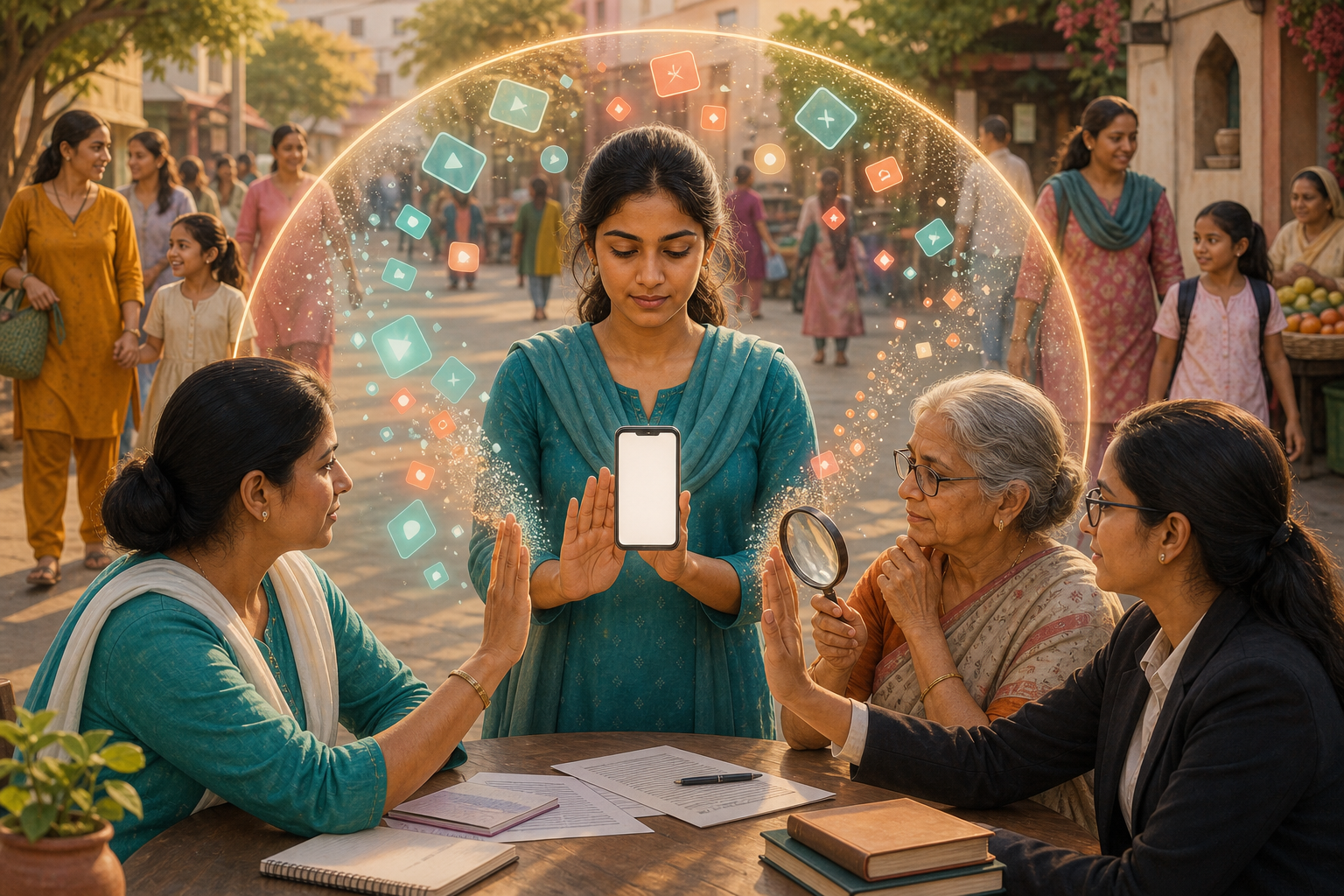 A woman pauses over a smartphone as abstract notification shapes dissolve near community members who are calmly checking information at a table.