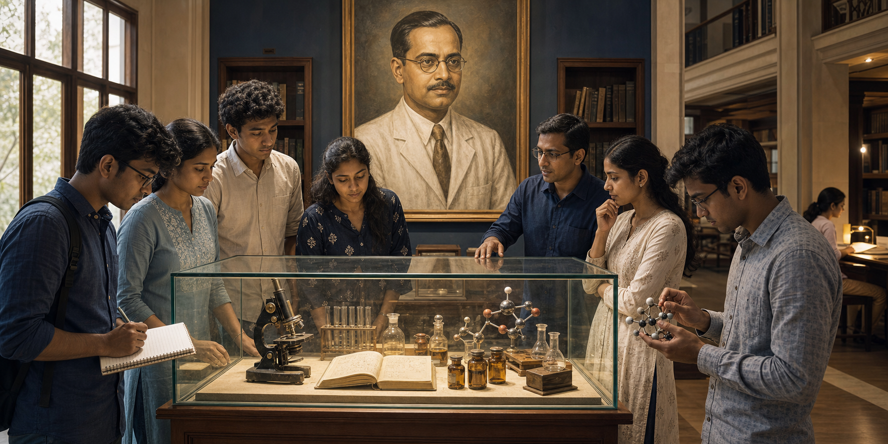 Students and young researchers examine a museum display of a period microscope, laboratory glassware, molecular models, medicine vials, and a portrait of Yellapragada Subbarow.