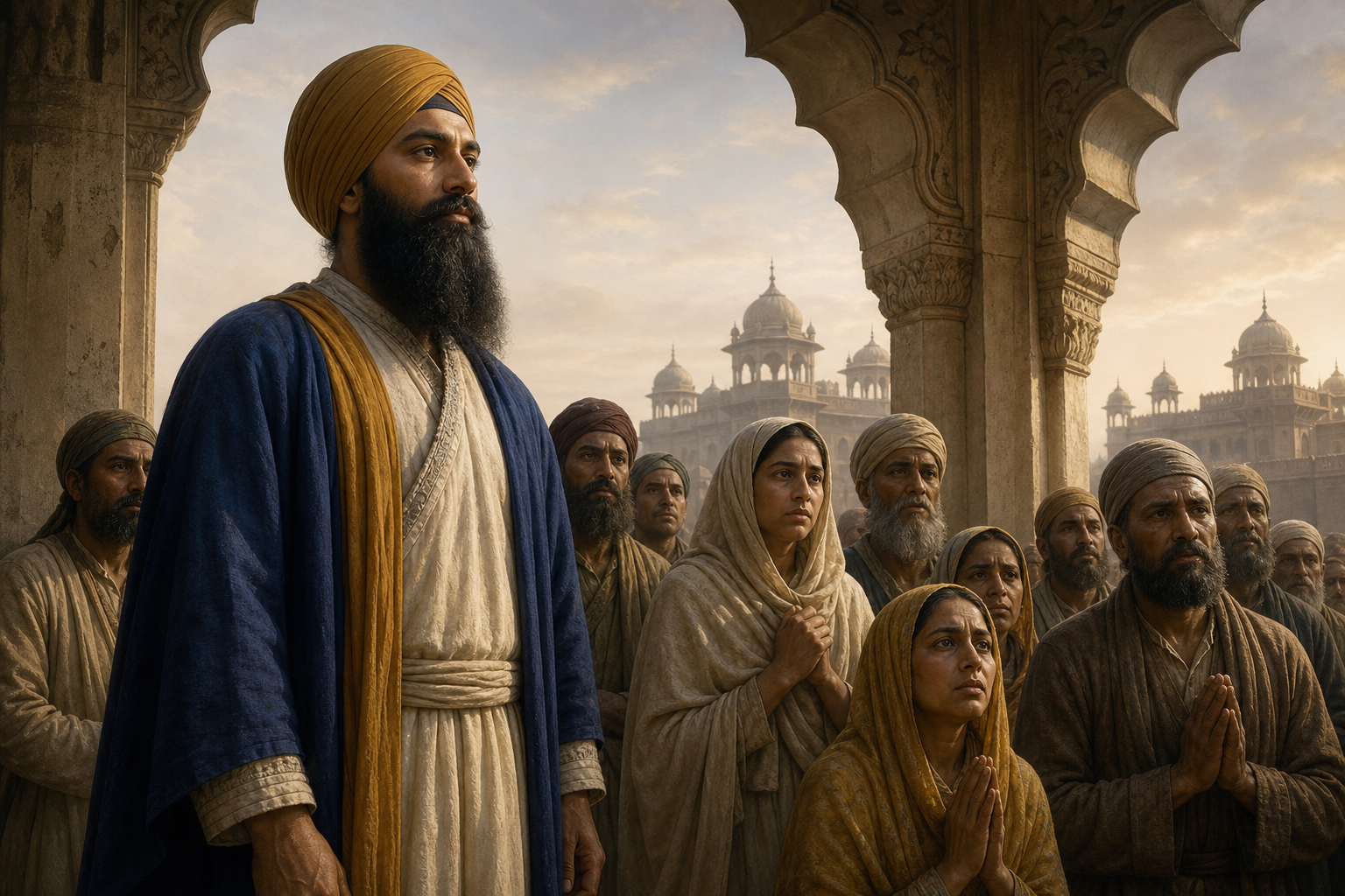 Historical illustration of a Sikh spiritual figure standing protectively before a group of petitioners beneath a stone arch in seventeenth-century North India.
