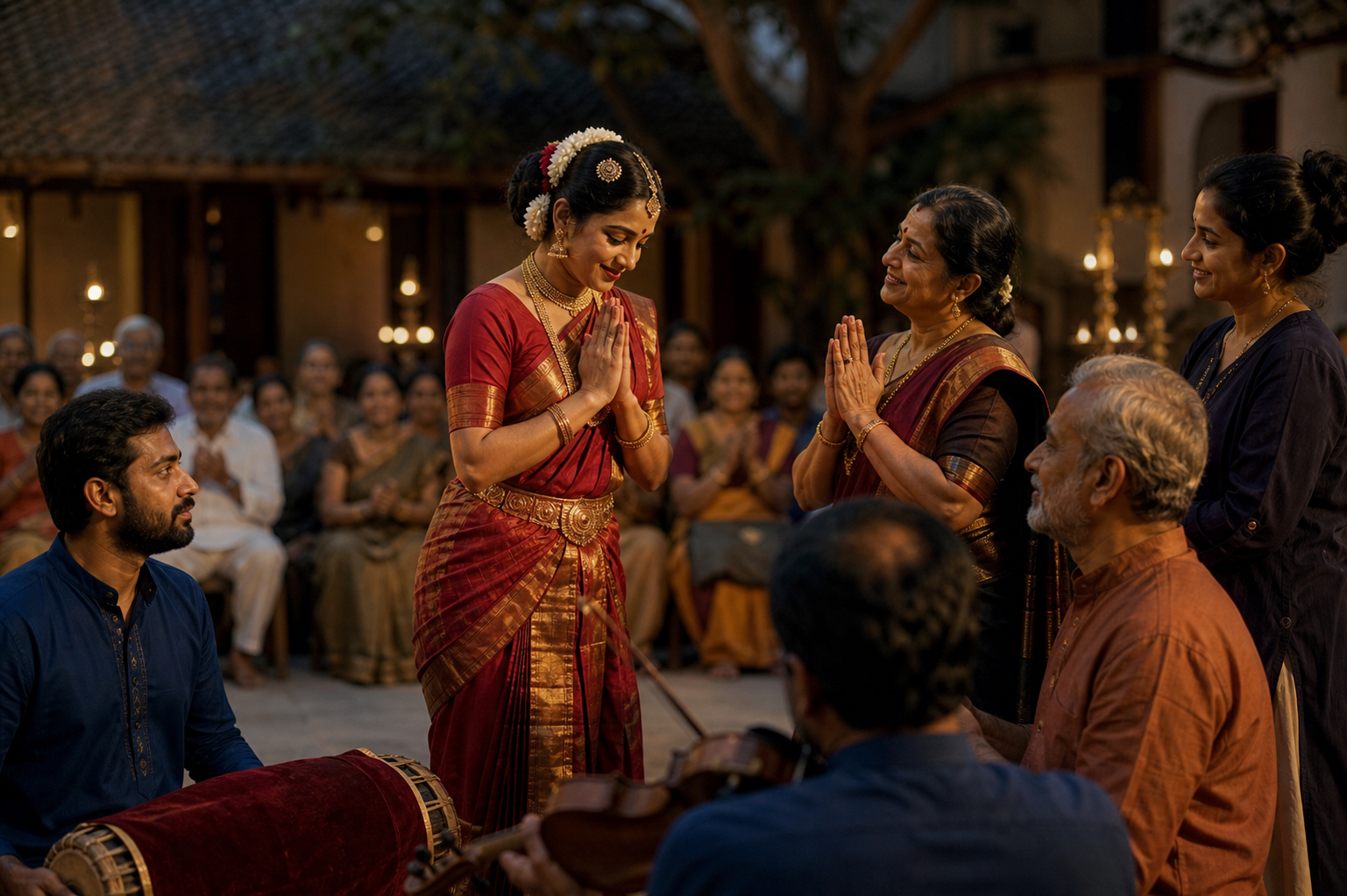 A classical dancer bows with joined hands toward musicians, a teacher, and stage assistants while an audience applauds in the background.