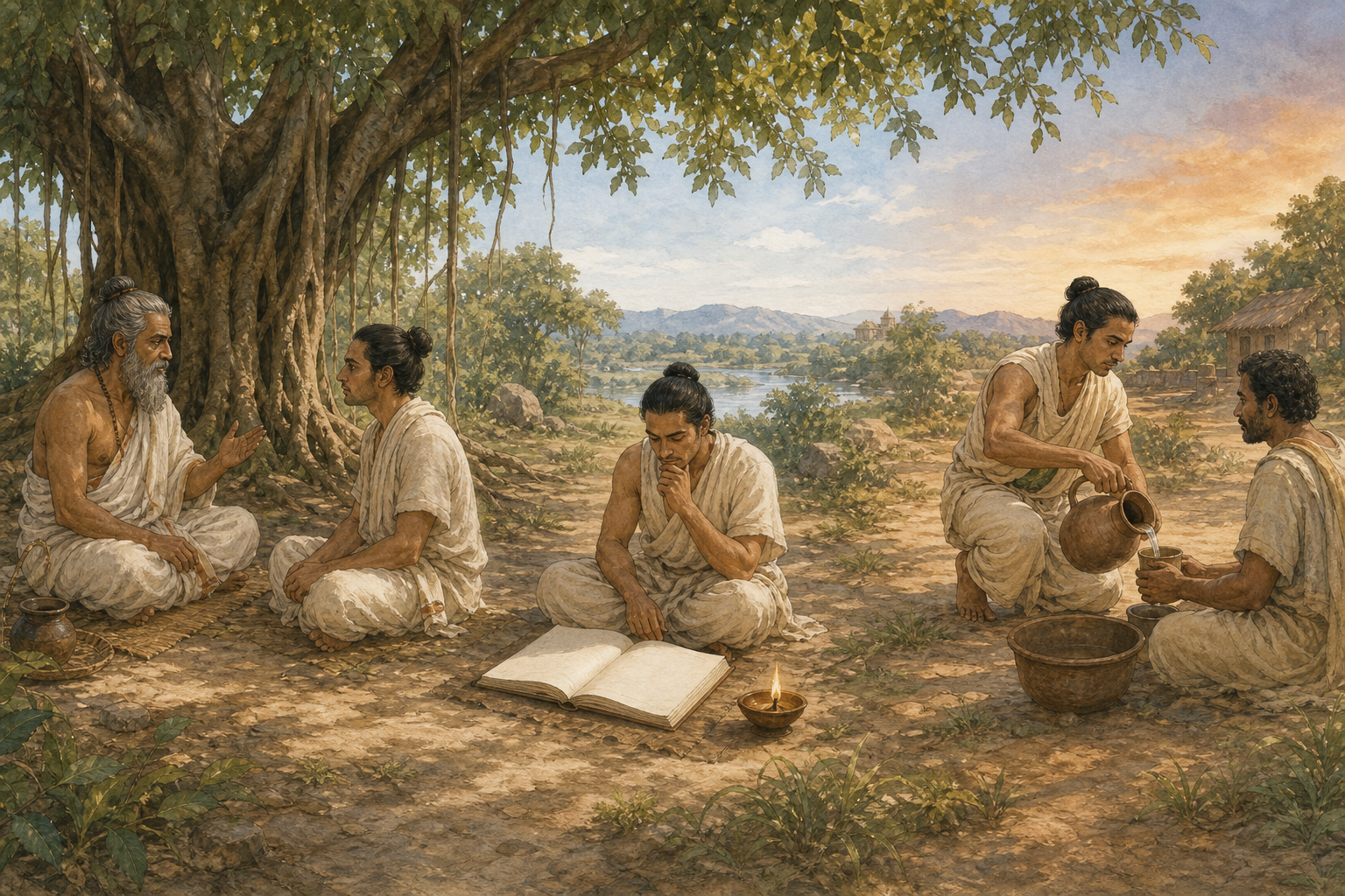 A continuous scene shows a student listening to a teacher, reflecting beside an open manuscript, and later pouring water for another person.