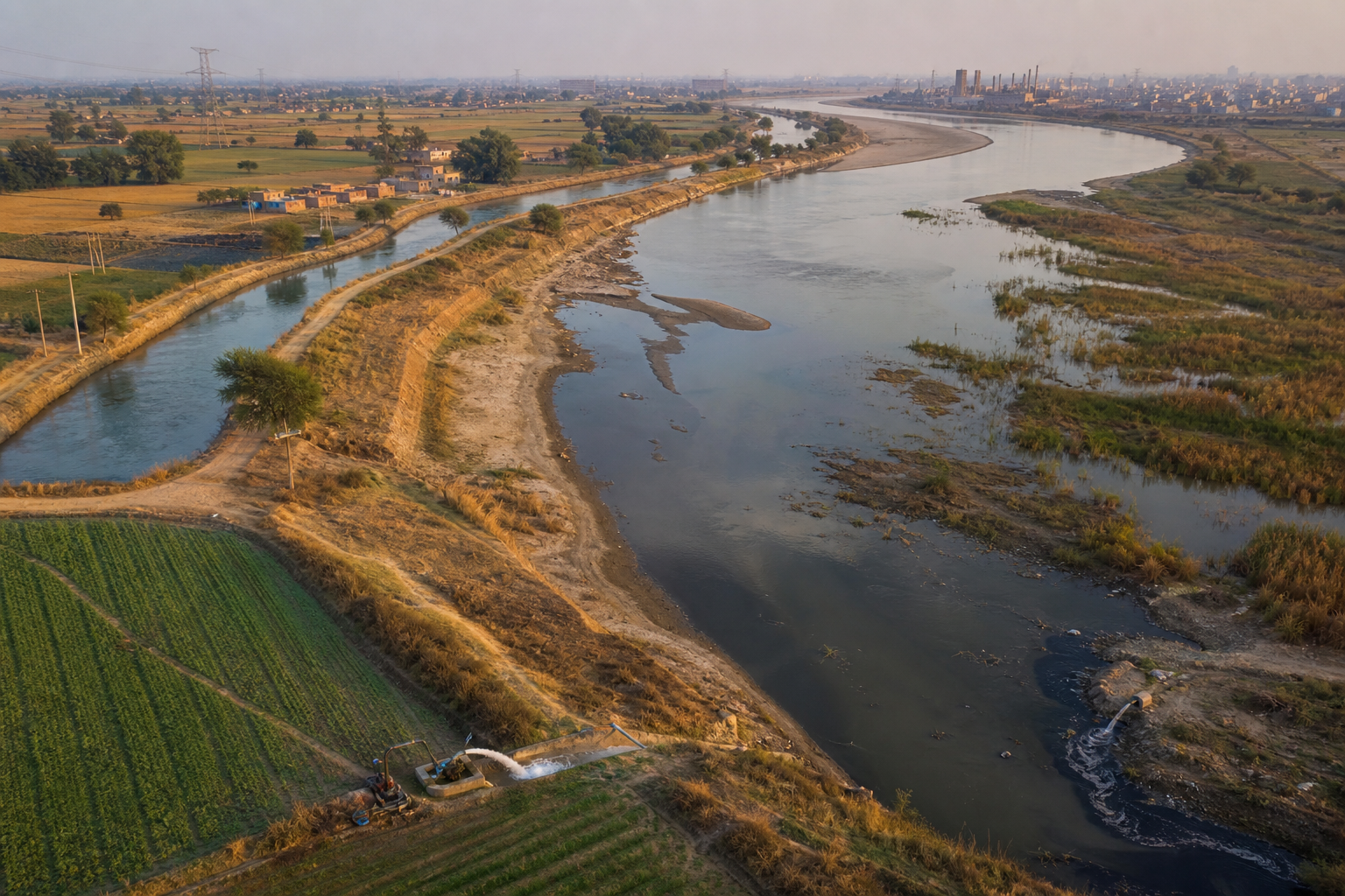 Aerial view of a diminished river, irrigation canal, tube-well-fed fields, villages and a polluted drain across Punjab's agricultural landscape.