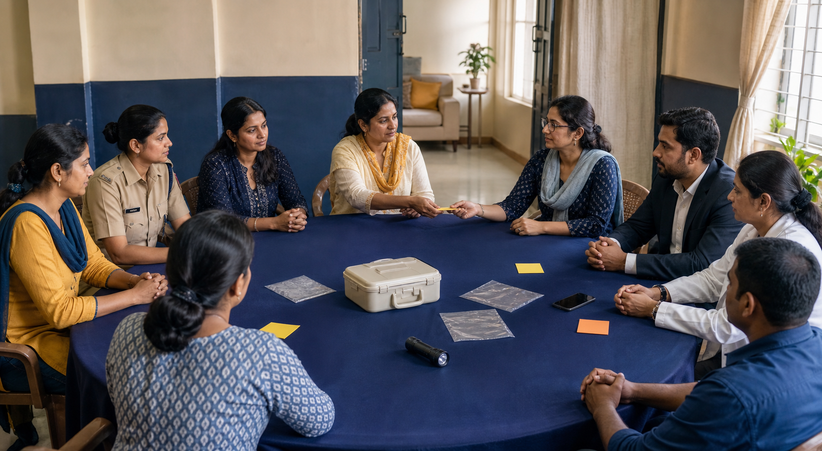Residents, a police liaison, a lawyer, a counselor, and a doctor practice a coordinated safety response around a table in a community hall.