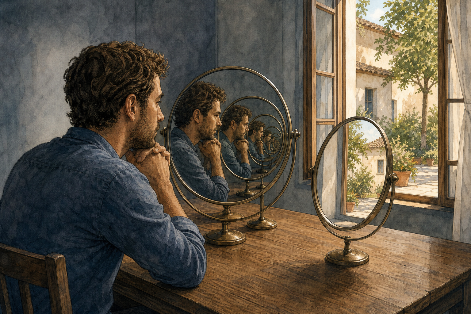 A person sits within a circle of mirrors that repeat their reflection, while one angled mirror reveals a bright courtyard through an open window.