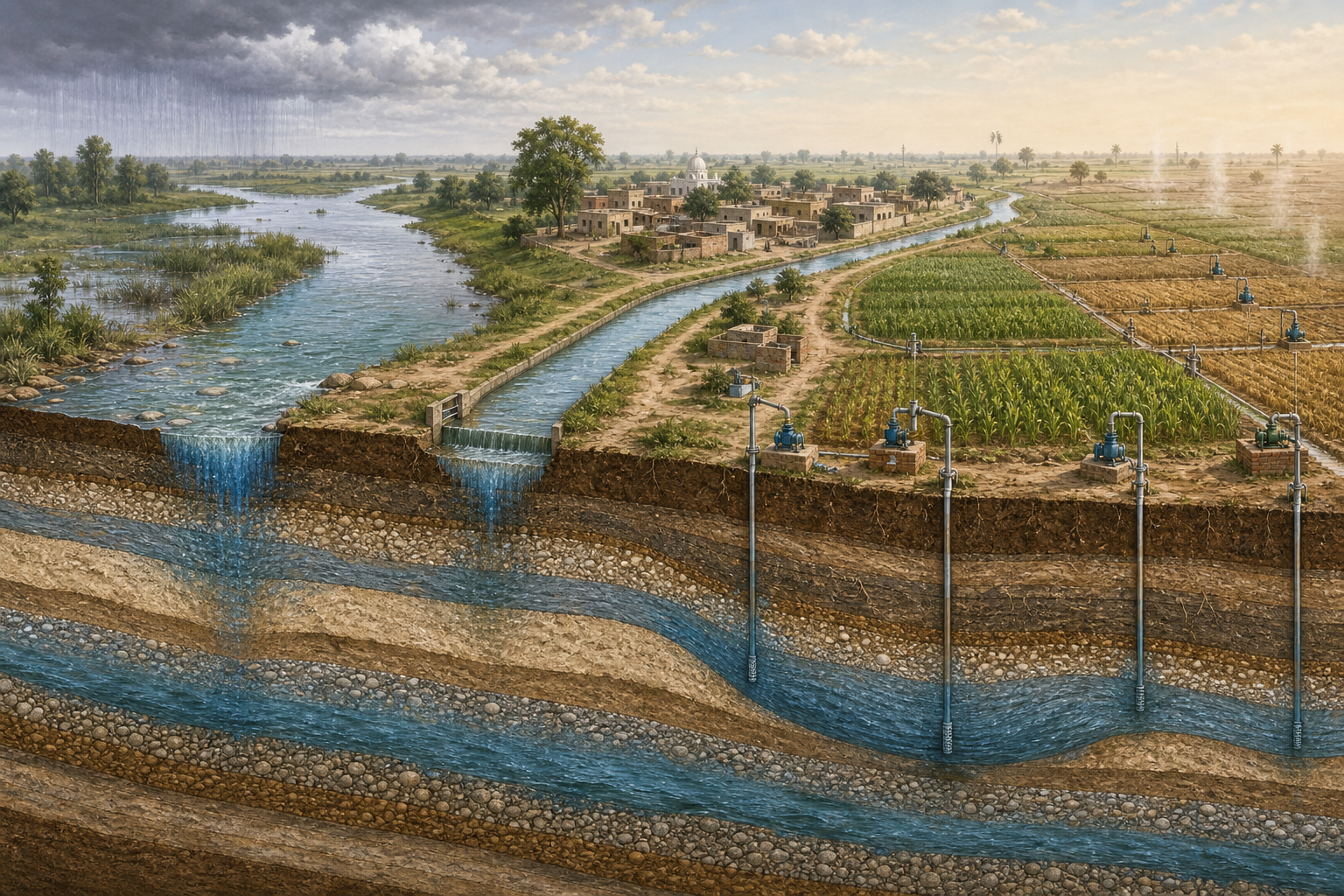Cutaway illustration of a river, canal, wetland, farms and tube wells connected to groundwater beneath the Punjab landscape.