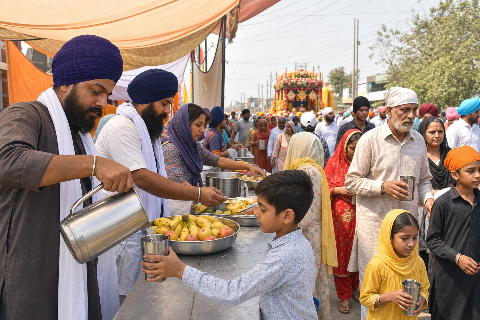 Sikh volunteers distribute water, fruit, and vegetarian food to people beside a Nagar Kirtan route in Punjab.