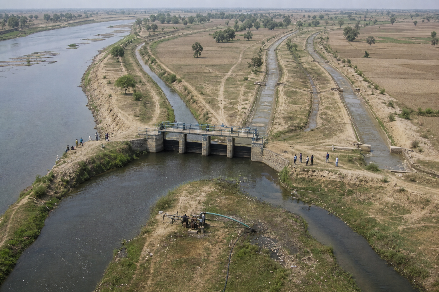 An irrigation canal and control structure cross dry farmland near a reduced river, with residents watching from both banks.