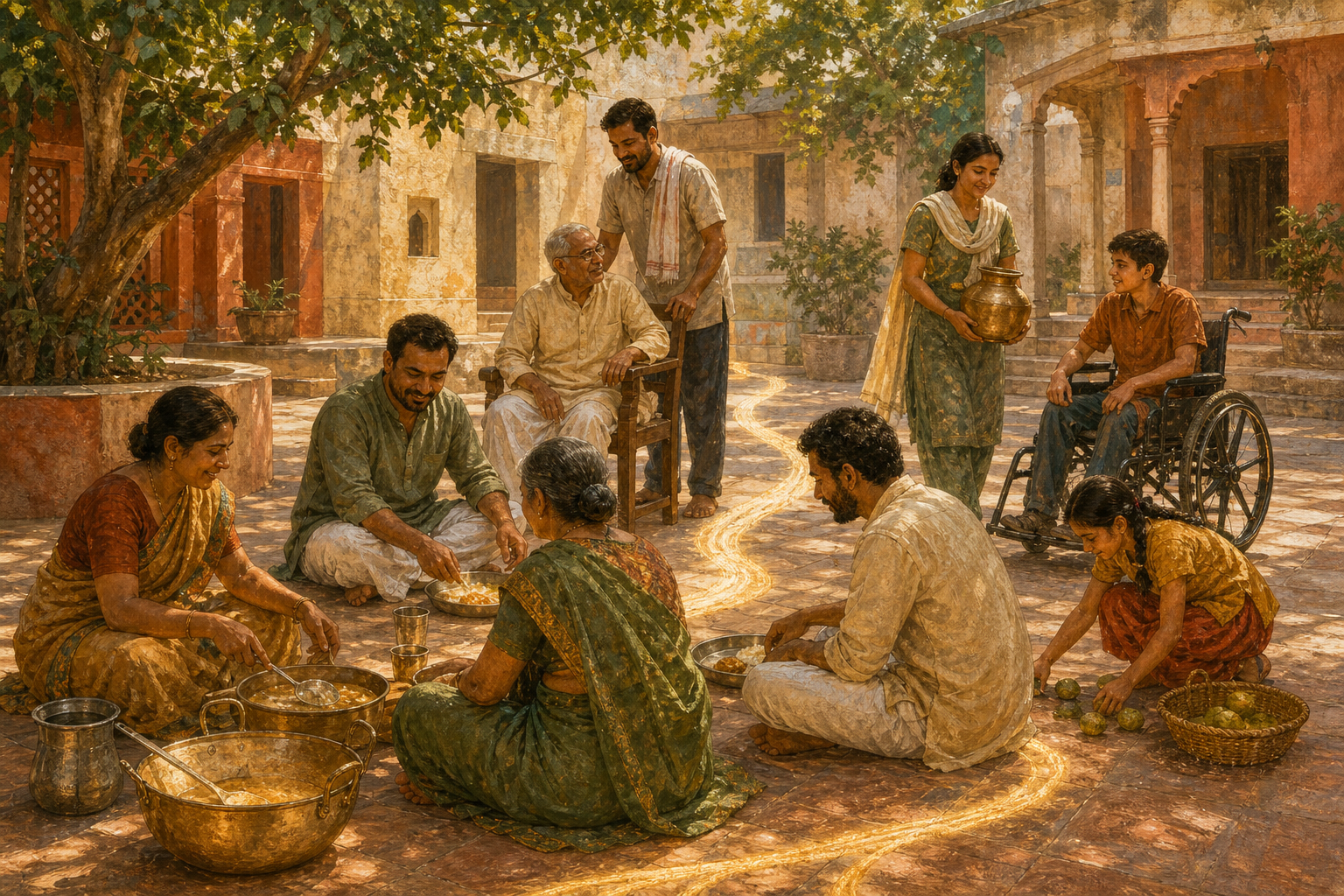 People of different ages work together in a courtyard, serving food, carrying water, helping an elder, and gathering fruit as warm light connects the scene.
