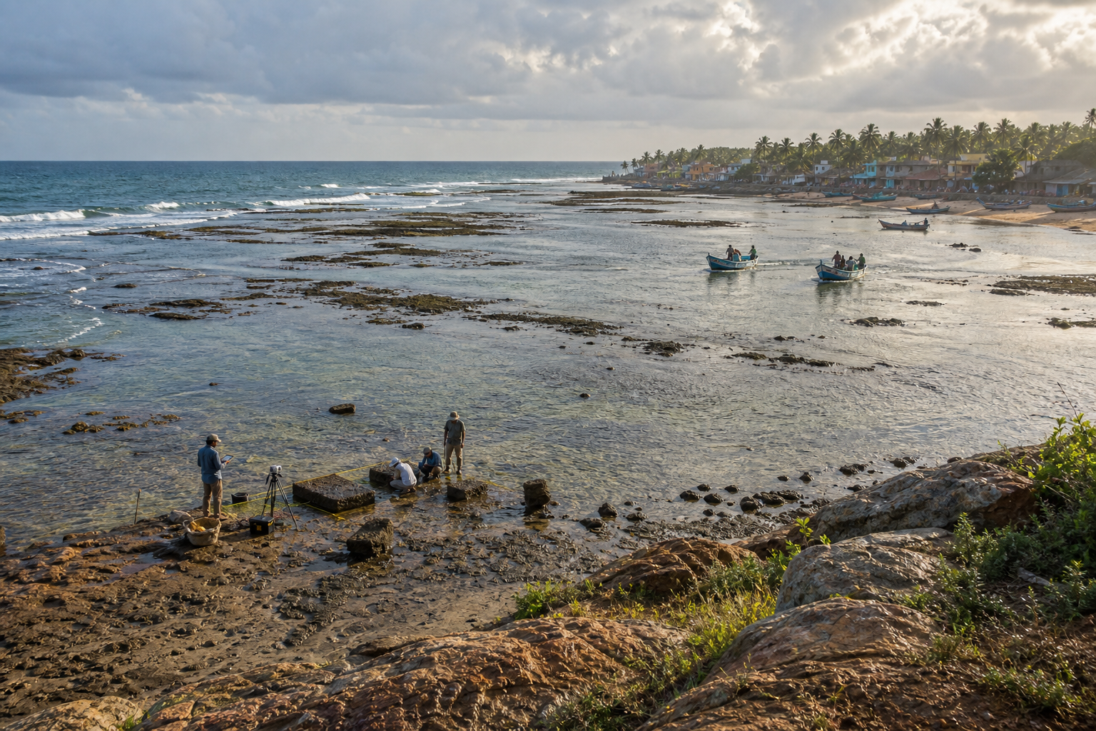 The southern Tamil coast with shallow reefs, fishing boats, a coastal village, and archaeologists recording weathered stones in the intertidal zone.