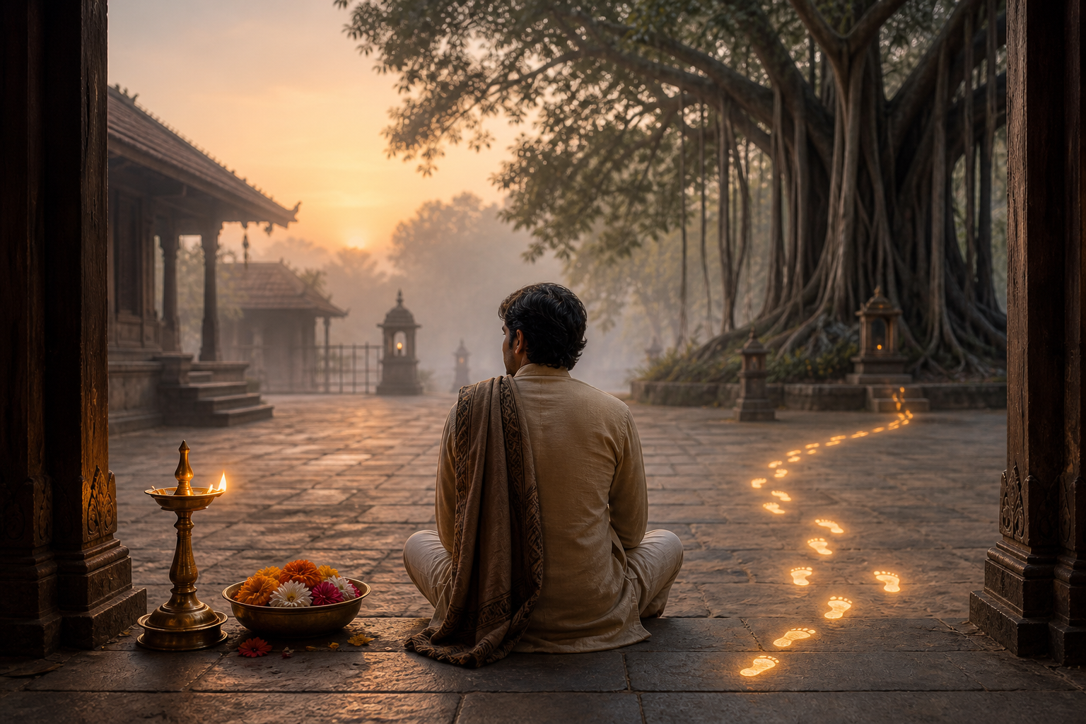 A seated seeker faces a lit oil lamp on one side and a trail of glowing footprints beneath a banyan tree on the other.