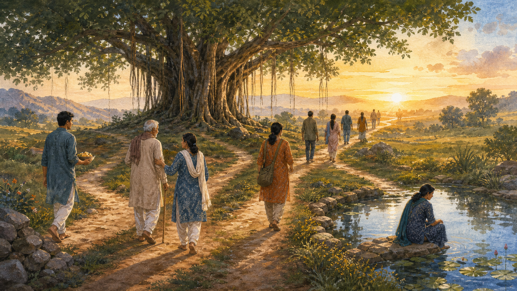 Several people follow separate paths that converge beneath a banyan tree, with one sharing food and another helping an older companion at dawn.