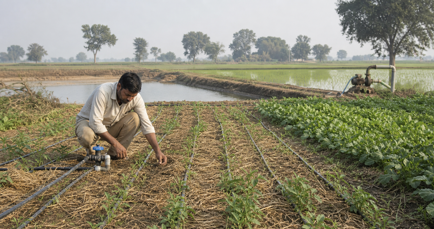 A Punjab farmer checks soil beside drip-irrigated crops, with a rainwater pond, tube well and flooded paddy field in the distance.
