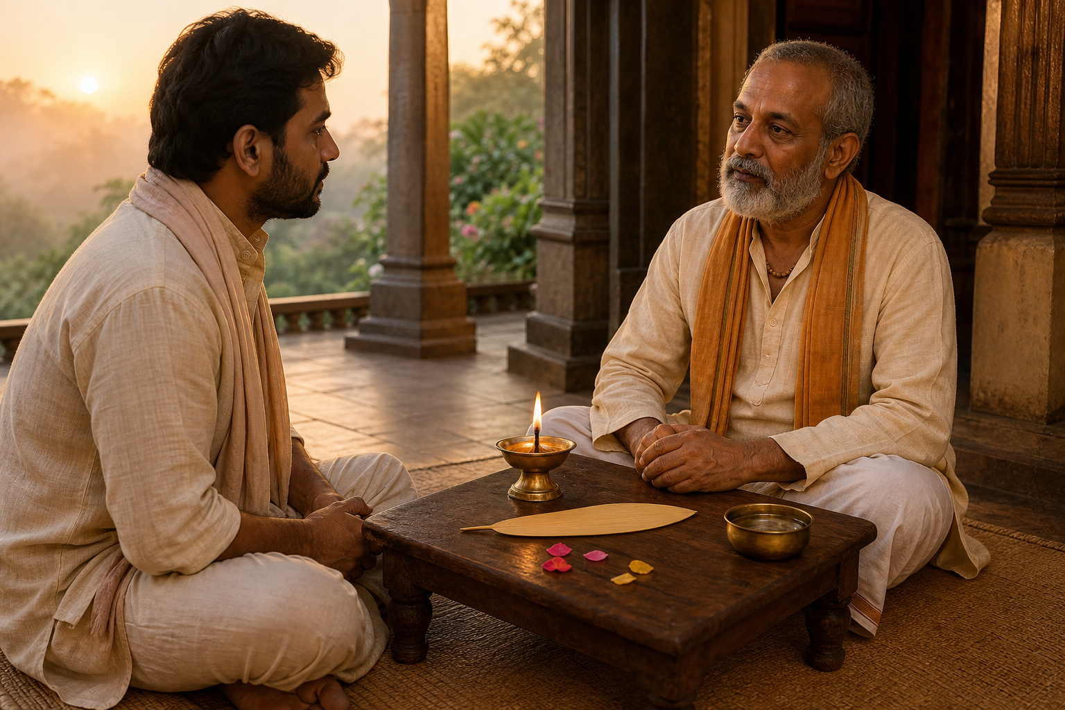 A questioner and astrologer sit across a low table with a brass lamp in a quiet veranda.
