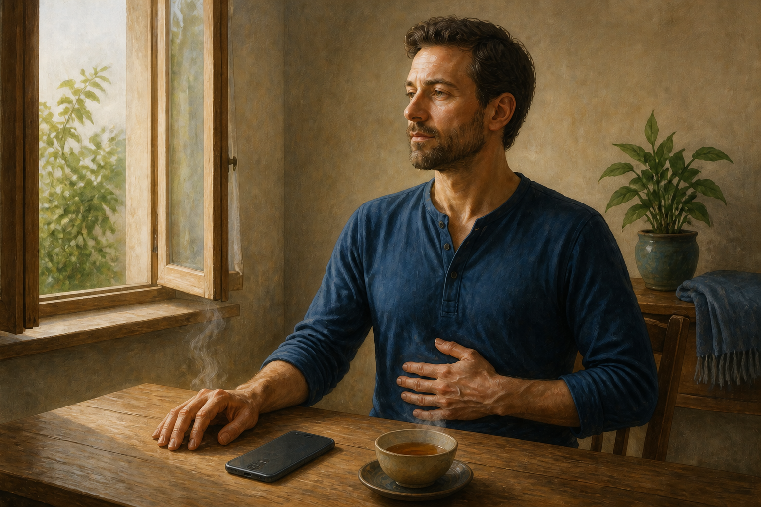 A person pauses to breathe at a table before responding to a face-down smartphone beside a steaming cup of tea.