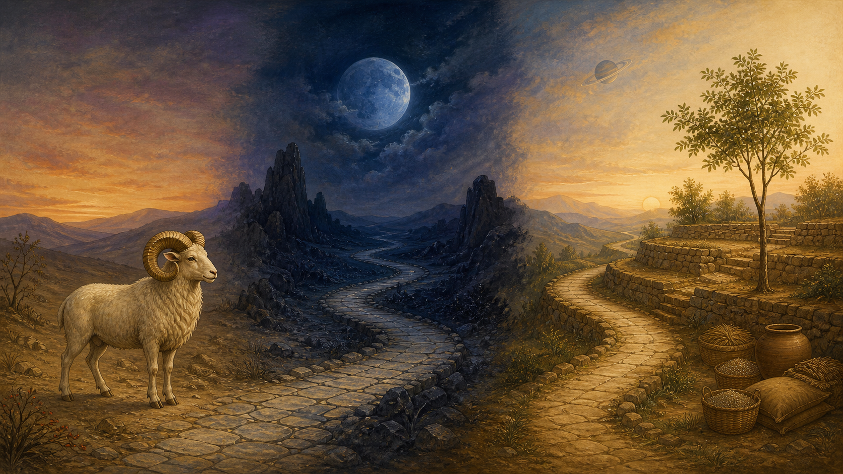 A ram follows a three-part stone path from a cleared landscape through moonlit darkness to a sturdy terrace with grain and a young tree.