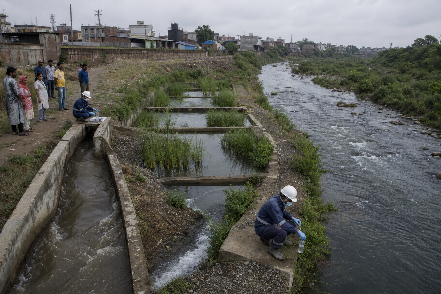 Murky wastewater flows through reed-filled treatment ponds before reaching a river while workers collect water samples nearby.