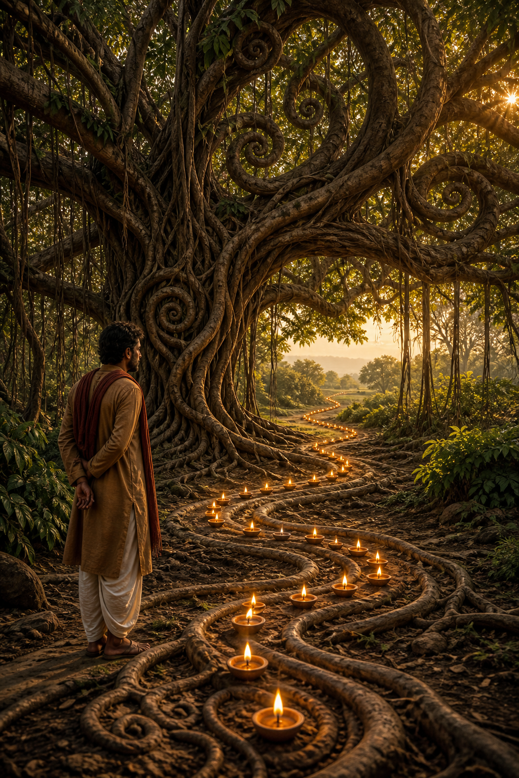 A traveler studies a winding row of oil lamps beneath the repeating roots and branches of a banyan tree.
