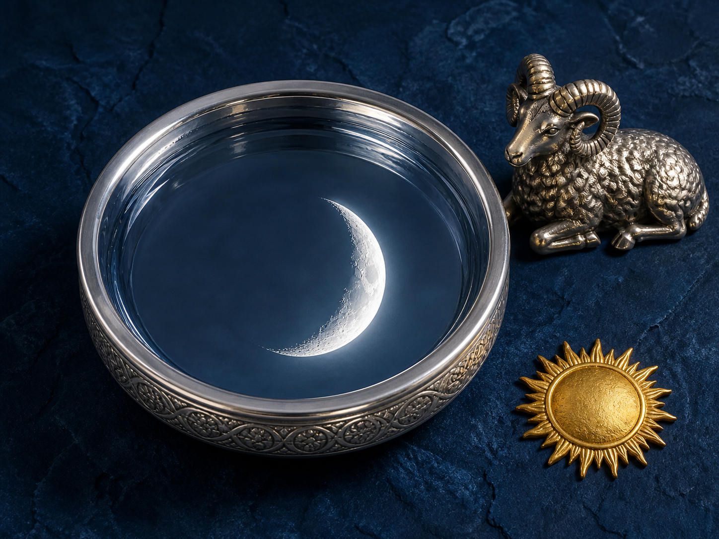 A silver bowl reflects a crescent moon beside a small ram figurine, while a golden sun disk sits outside the reflection.