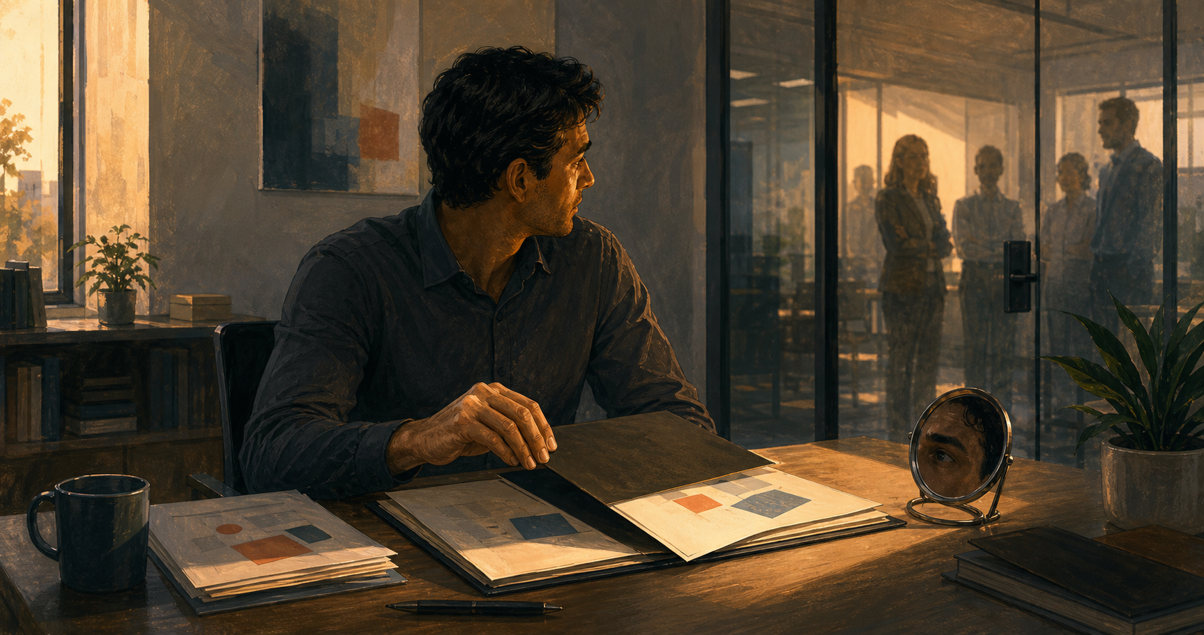 An employee pauses over an open folder containing a visible discrepancy while colleagues wait beyond a glass office door.