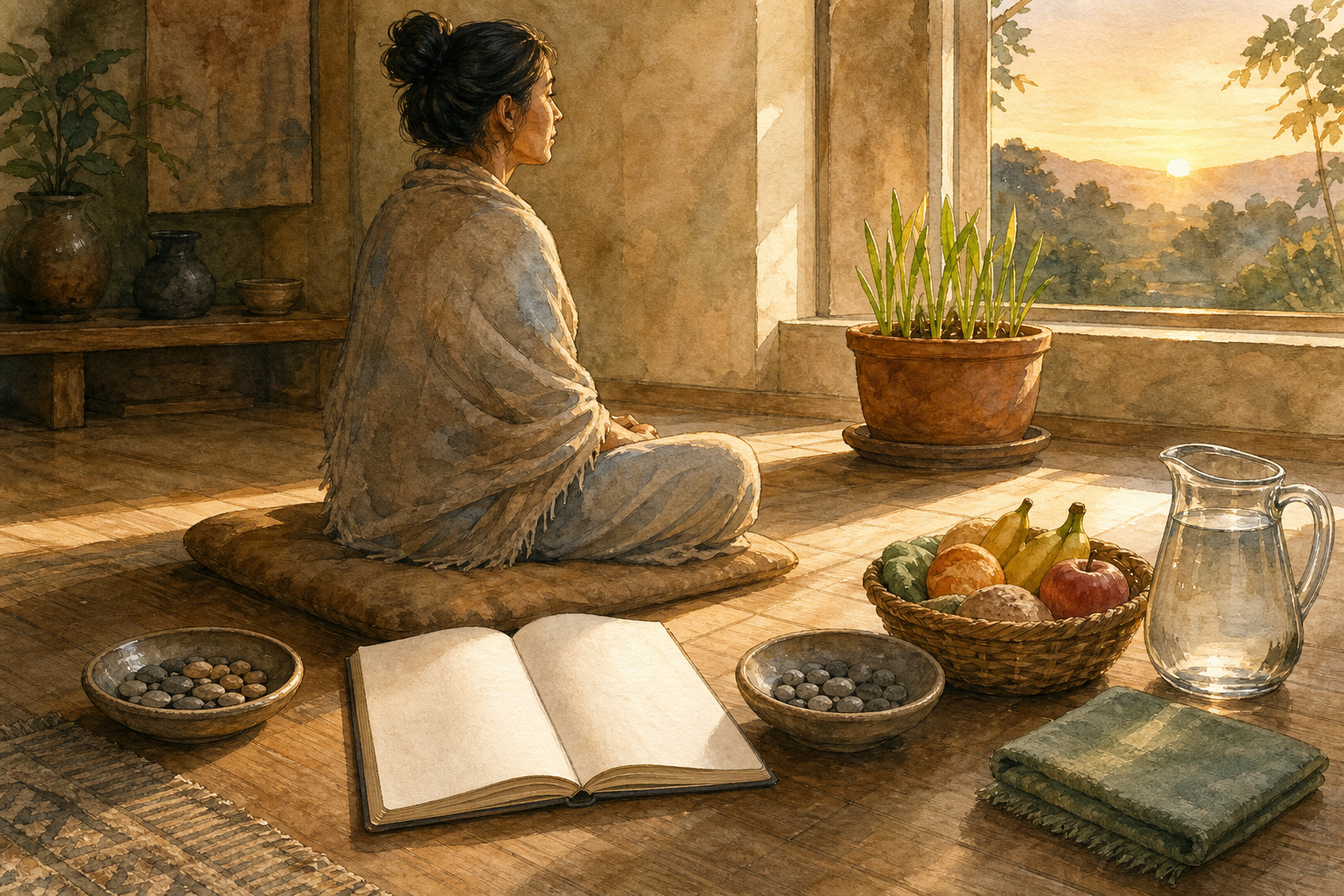A person meditates beside a blank notebook, service supplies, two bowls of pebbles, and a growing plant in a dawn-lit room.