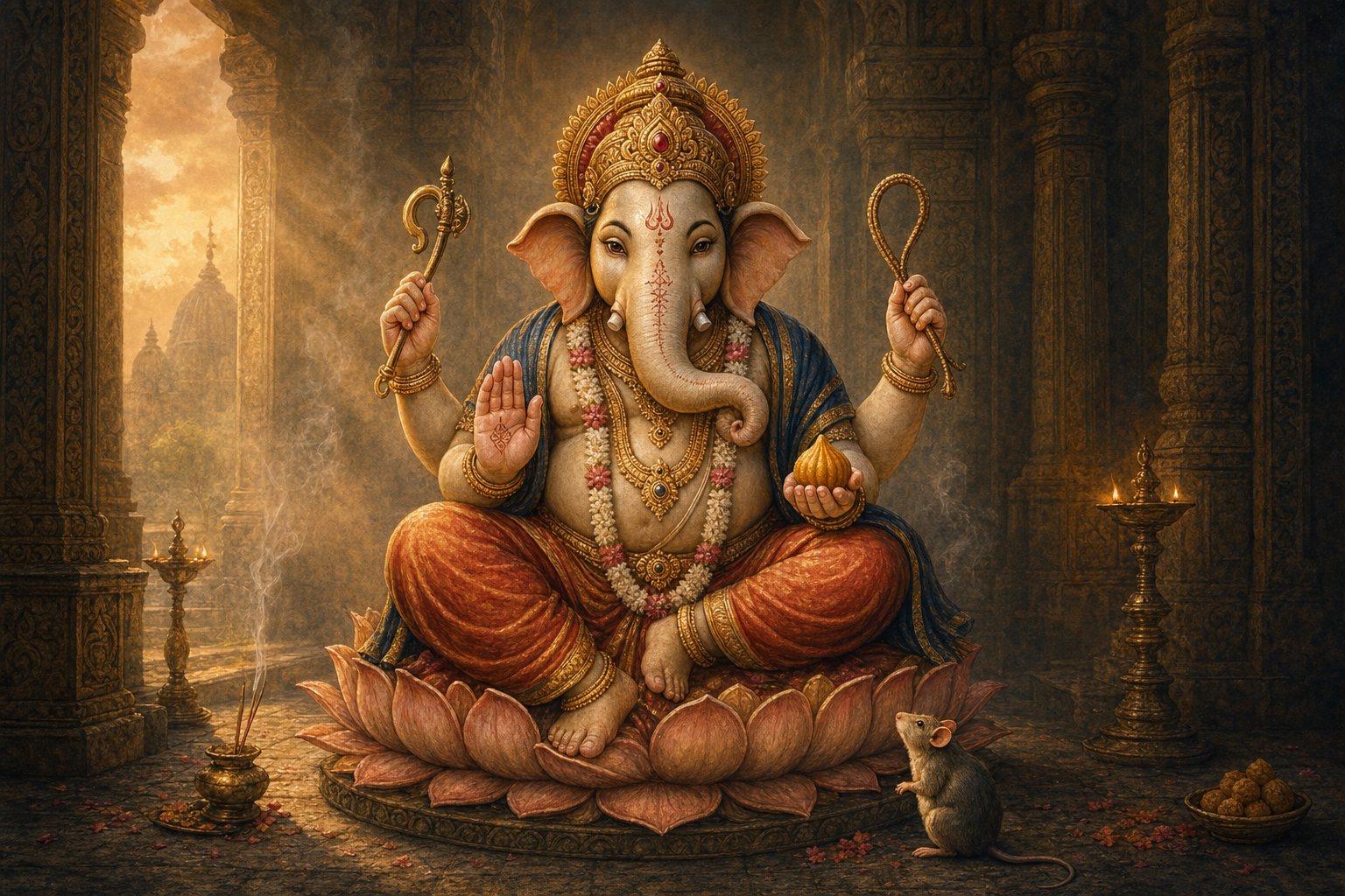 Ganesha sits on a lotus pedestal in a softly lit temple while a small mouse looks up from beside his foot.