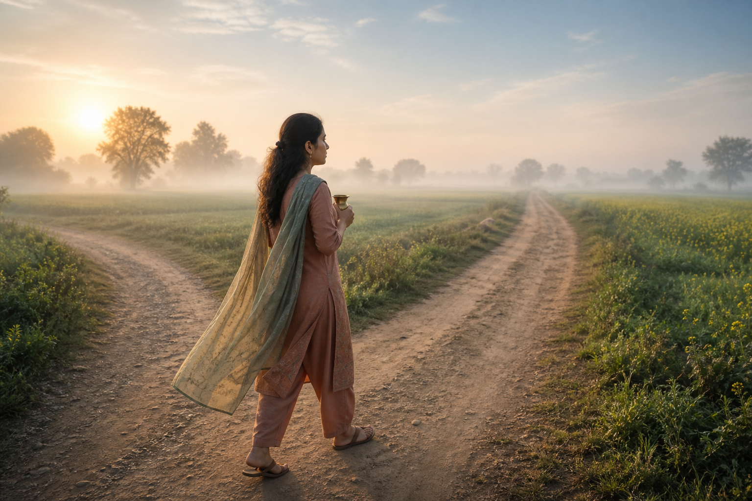 A woman carrying a brass lamp takes a deliberate step along one branch of a misty rural crossroads.