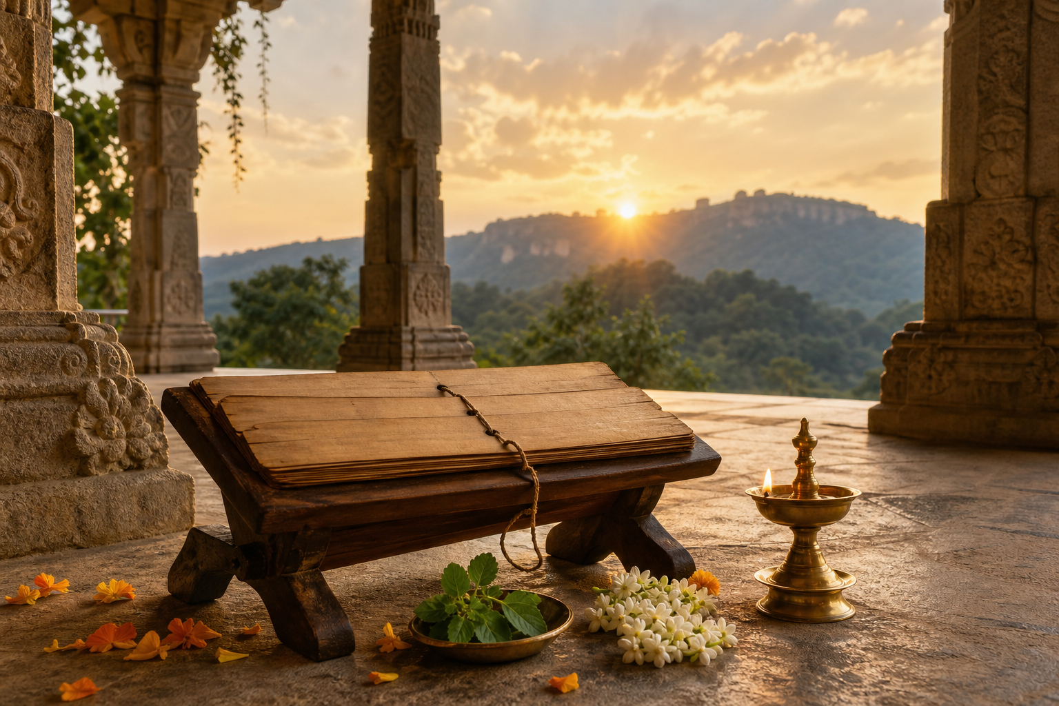 An open sacred manuscript, brass oil lamp, and flowers arranged inside a stone-pillared mandapam overlooking forested hills at dawn.
