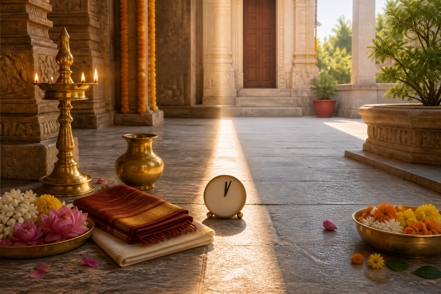 A devotional arrangement of an oil lamp, water vessel, flowers, and prayer cloth spans late-morning and early-afternoon light in a temple courtyard.