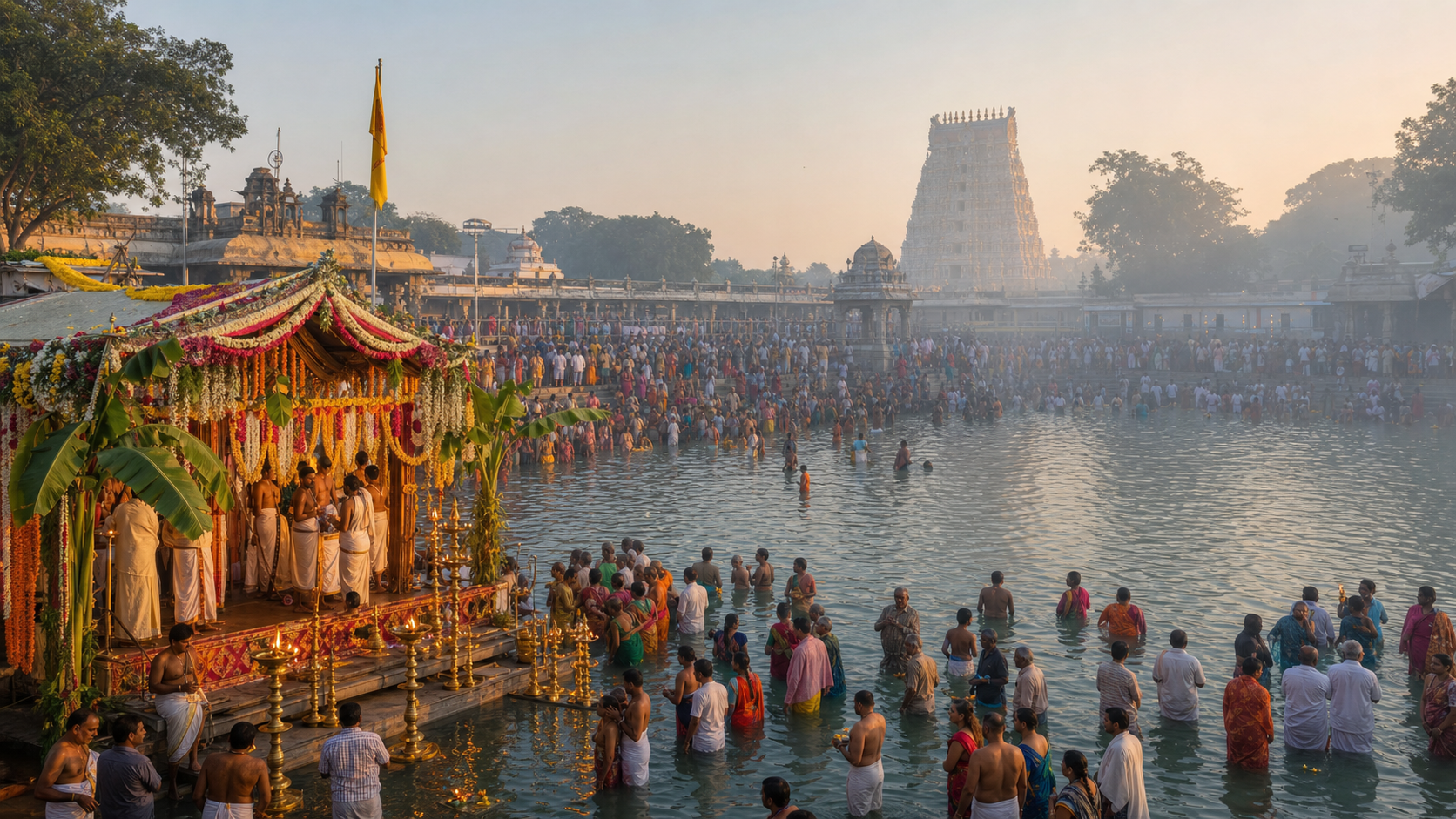 Pilgrims gather in and around the Padma Sarovaram temple tank at Tiruchanur while priests conduct a flower-decorated morning ceremony near the water.