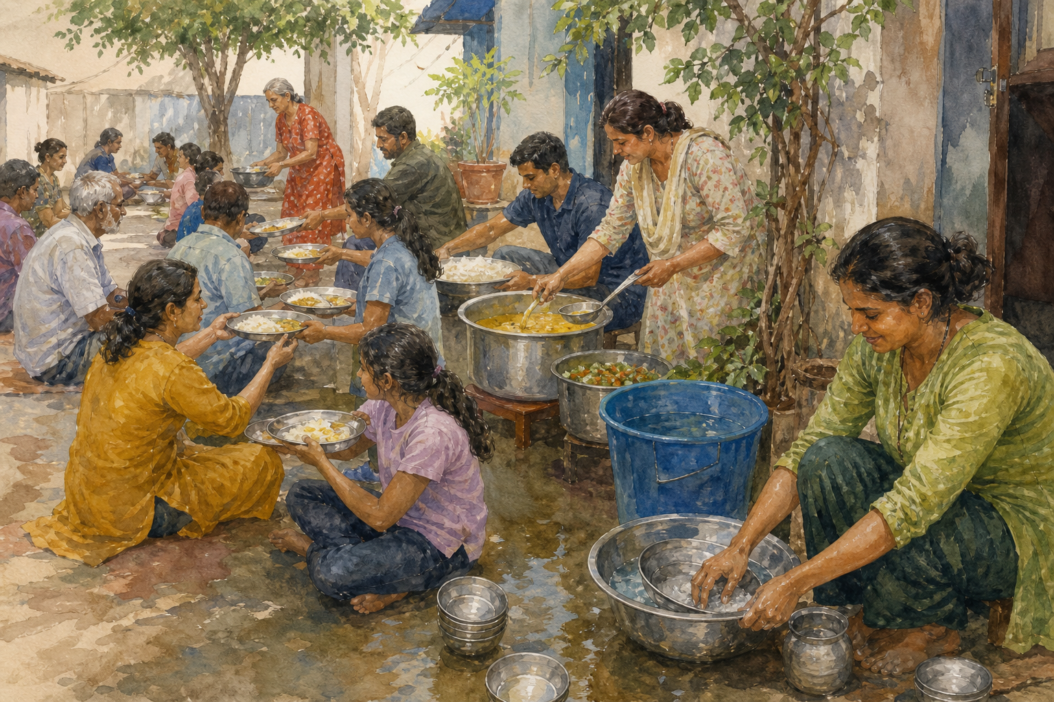 Volunteers serve a vegetarian meal in a courtyard while one person quietly washes metal bowls at the side.