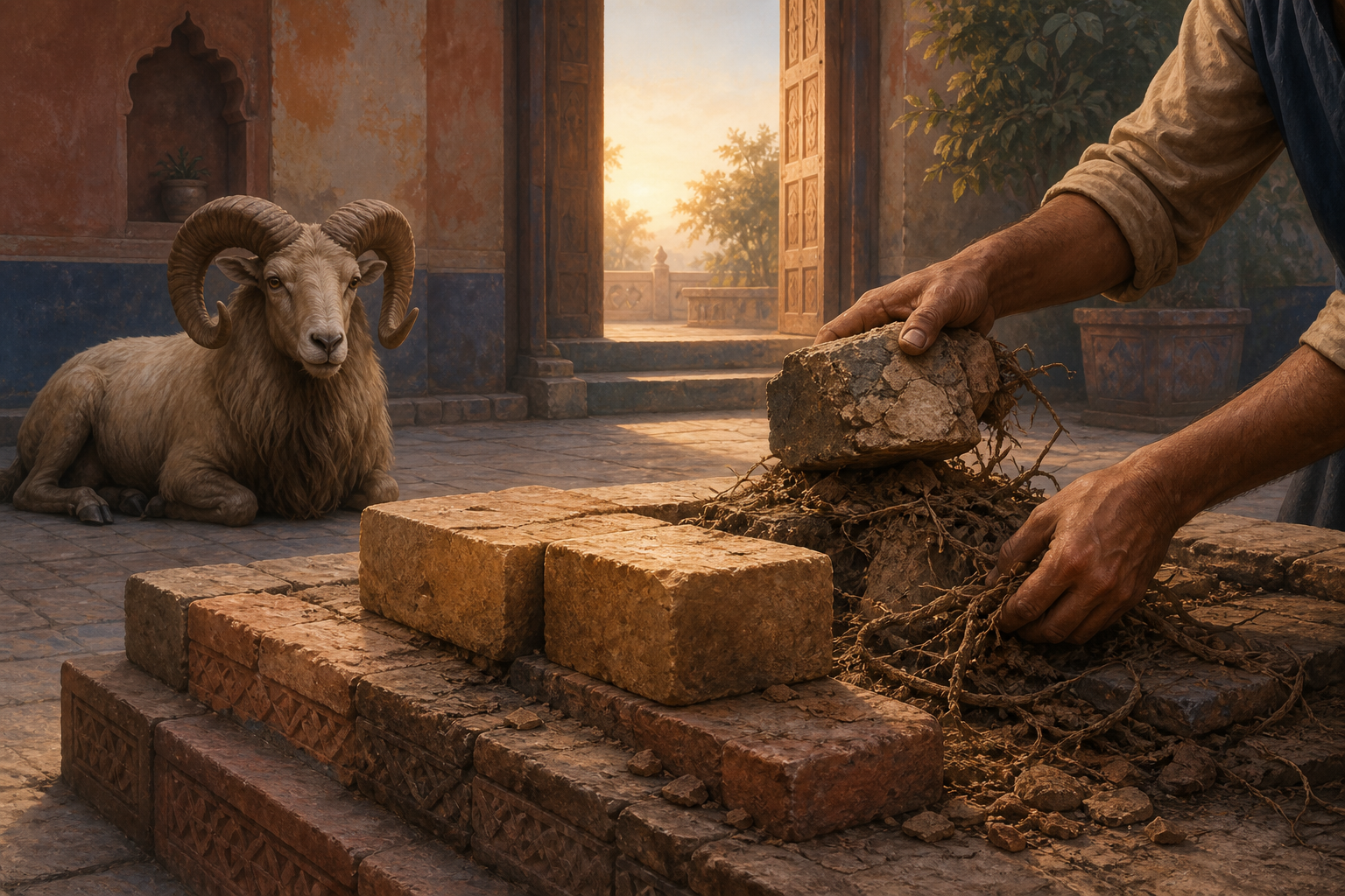 Hands clear cracked stones and dead vines from a platform while a ram waits beside the remaining solid foundation blocks.