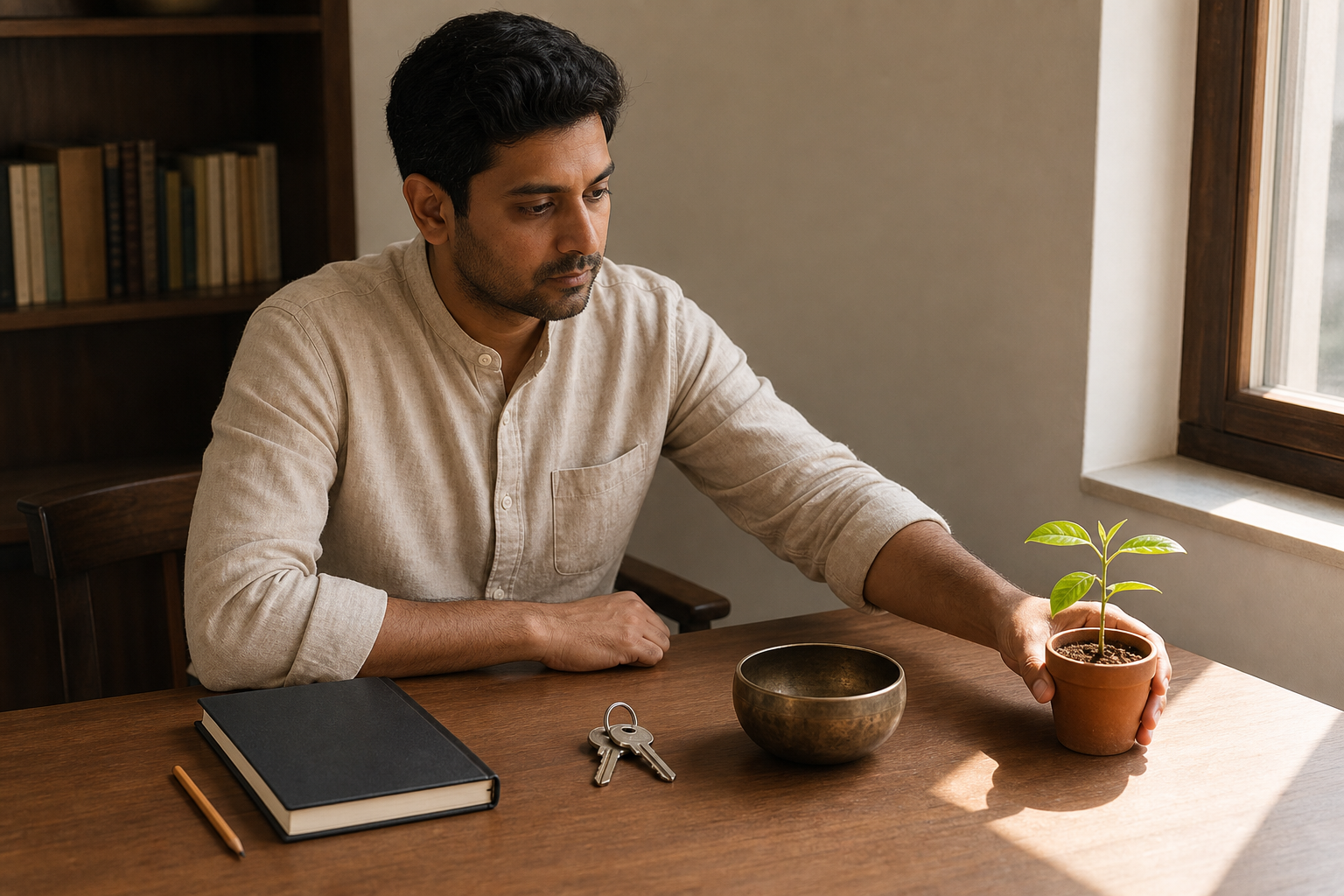 A person at a wooden desk considers a seedling, keys, and an empty bowl while moving one object into the light.
