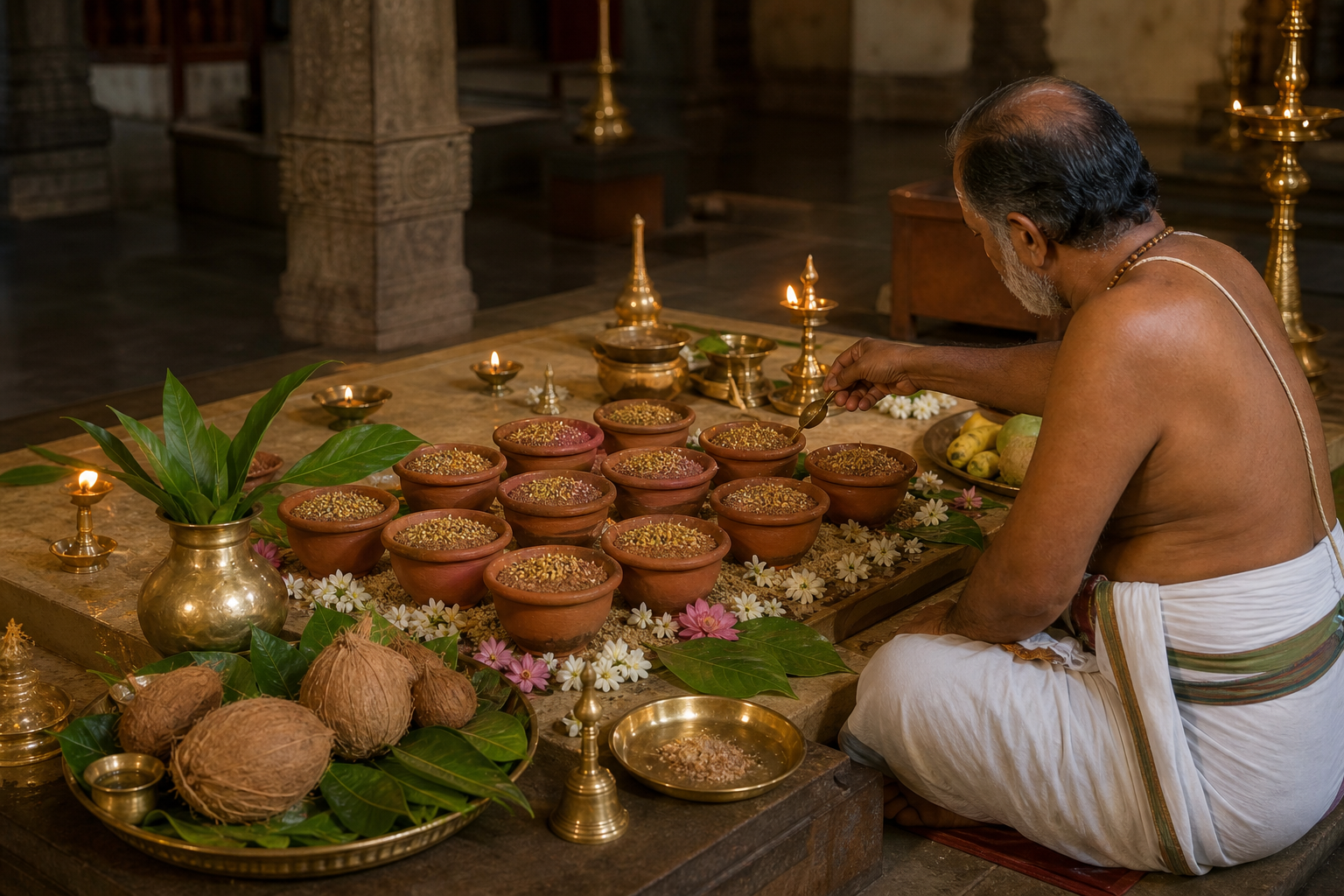 A priest tends ceremonial earthen seed pots, brass vessels, flowers, and oil lamps during a preparatory temple rite.