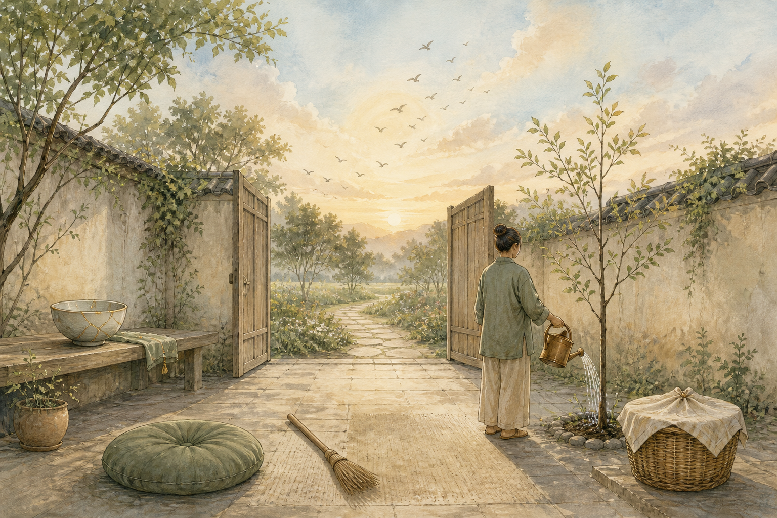 A person waters a young tree in a dawn courtyard containing a meditation cushion, a food basket, and a repaired bowl, with an open gate beyond.