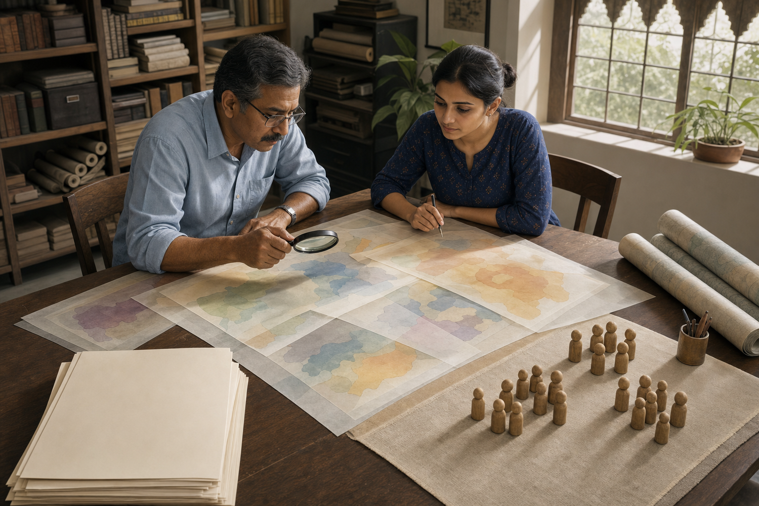 Two researchers compare unlabeled map layers, blank records, and wooden counting pieces on a table in a quiet study room.