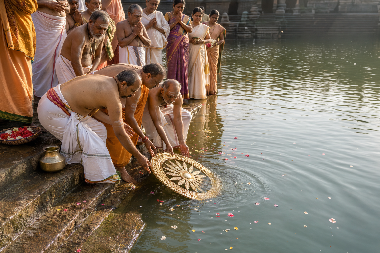 Priests lower a circular Sudarshana Chakra ritual emblem into a temple tank as devotees watch from the stone steps.