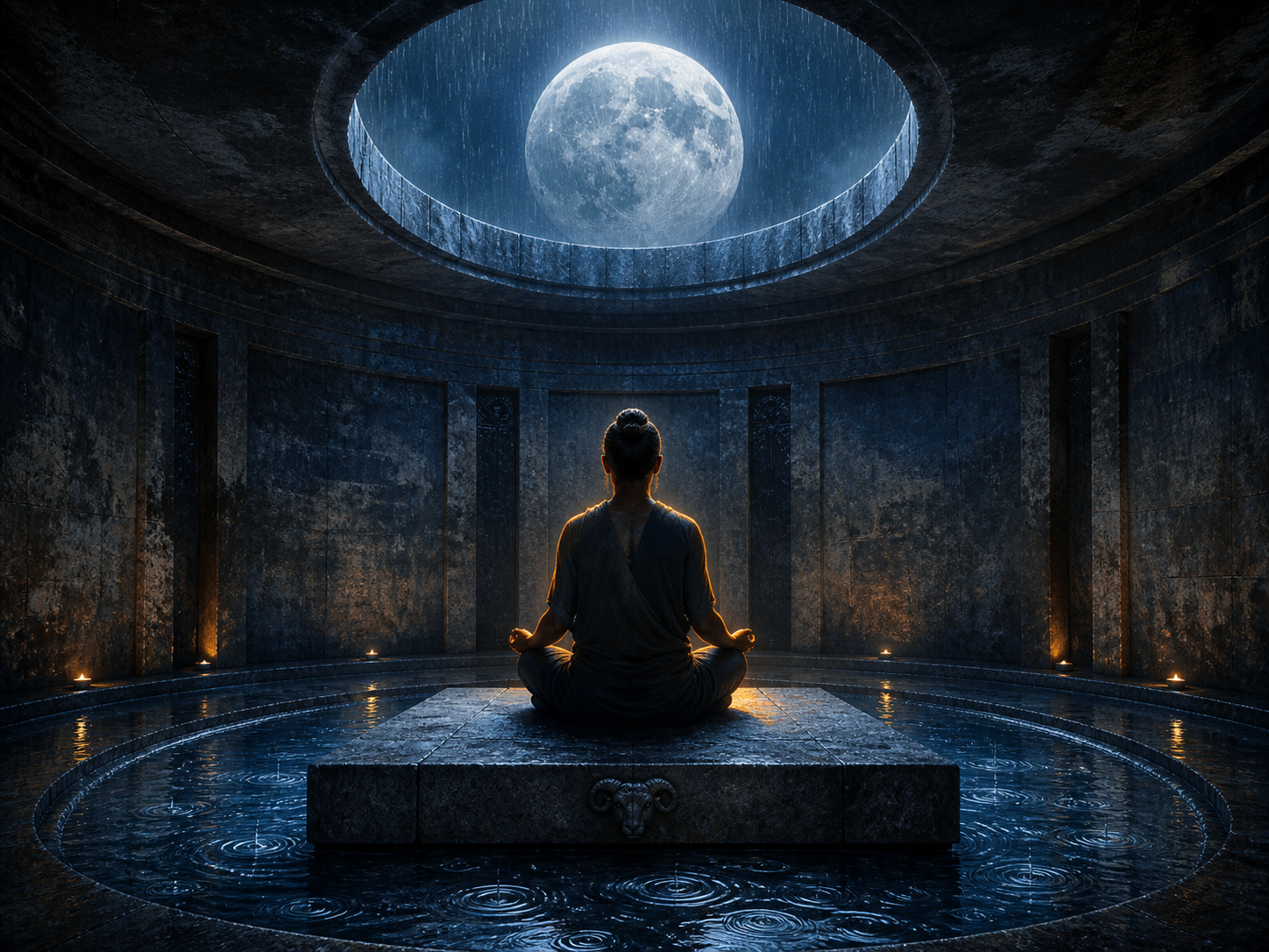 A person meditates on a solid square platform beneath a moonlit opening while rain ripples the surrounding water.