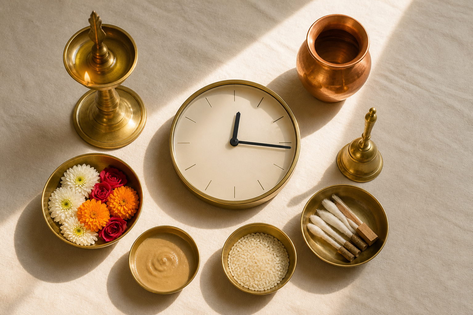 Puja vessels, a lamp, a bell, and flowers are arranged around an unmarked clock set shortly after noon.
