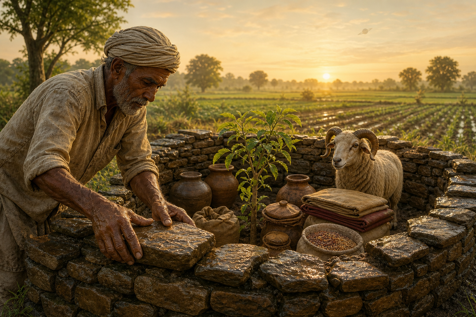 Weathered hands finish a stone granary wall beside a ram, clay jars, stored seeds, and a growing sapling at dawn.