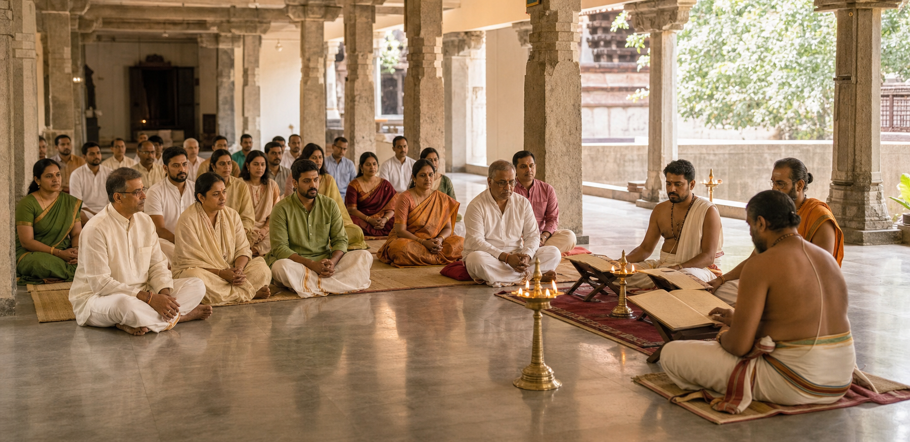 Devotees sit in orderly rows and listen to traditional reciters in a sunlit South Indian pillared hall.