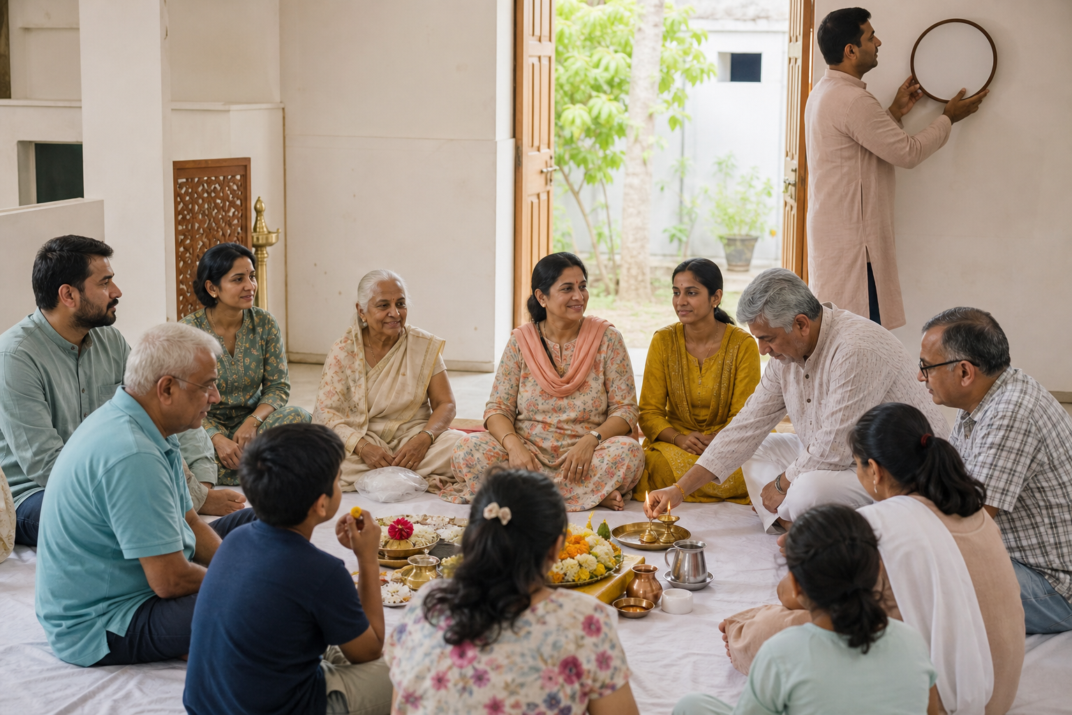 An intergenerational group prepares a shared devotional setting with lamps, flowers, and water vessels in a sunlit prayer hall.