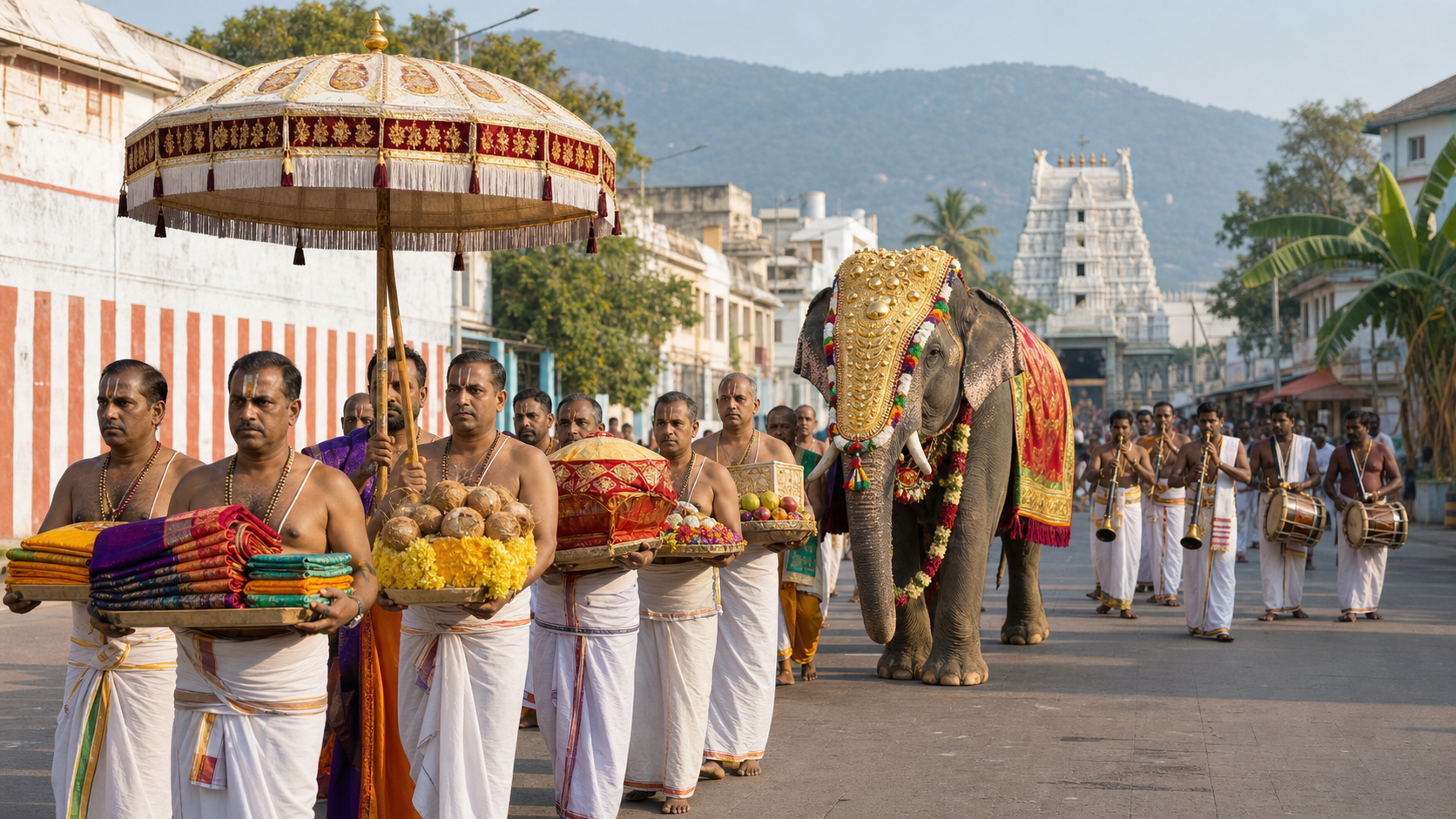 Temple attendants carry silk, flowers, fruit, coconuts, and covered baskets in a Srivari Saare procession approaching the Tiruchanur temple.