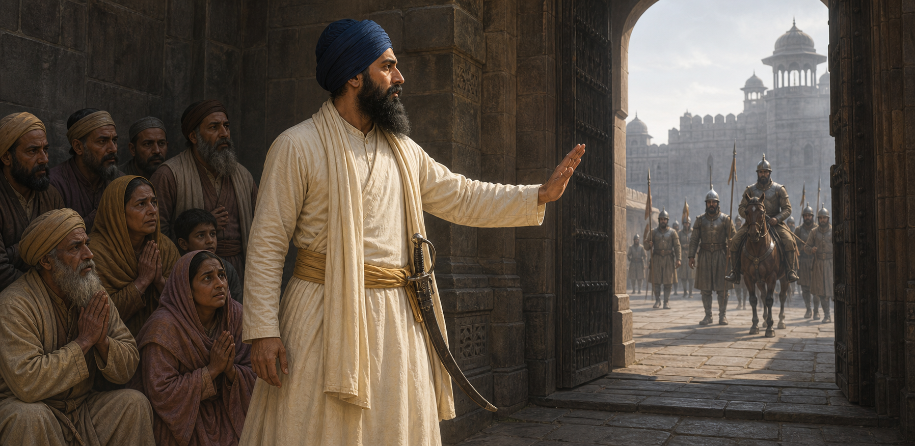 Guru Tegh Bahadur stands at a stone gateway between distant imperial guards and a group of Kashmiri Hindu scholars and families.