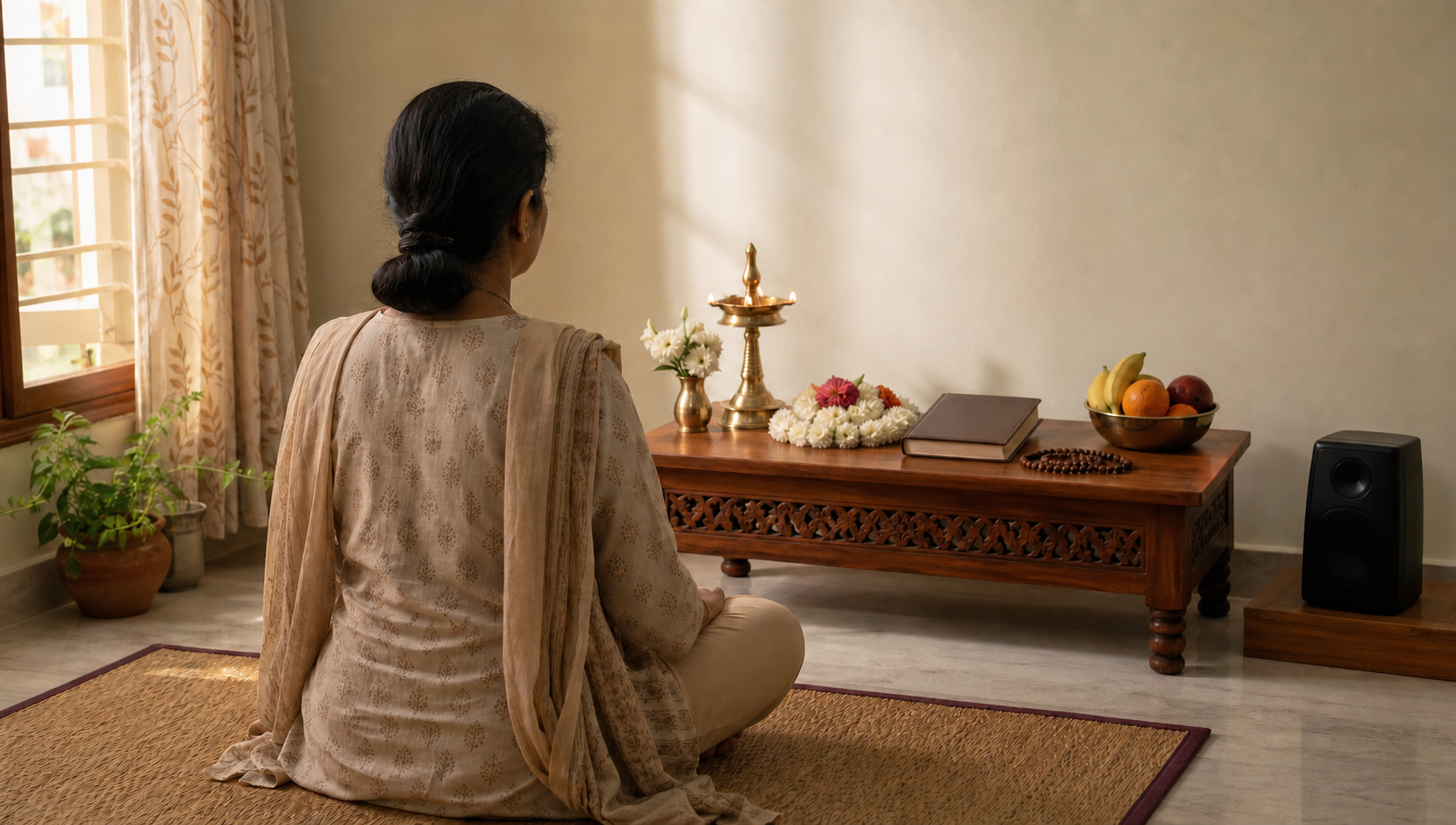 A devotee sits on a floor mat before a simple home altar with a lamp, flowers, fruit, prayer beads, a scripture volume, and a small speaker.