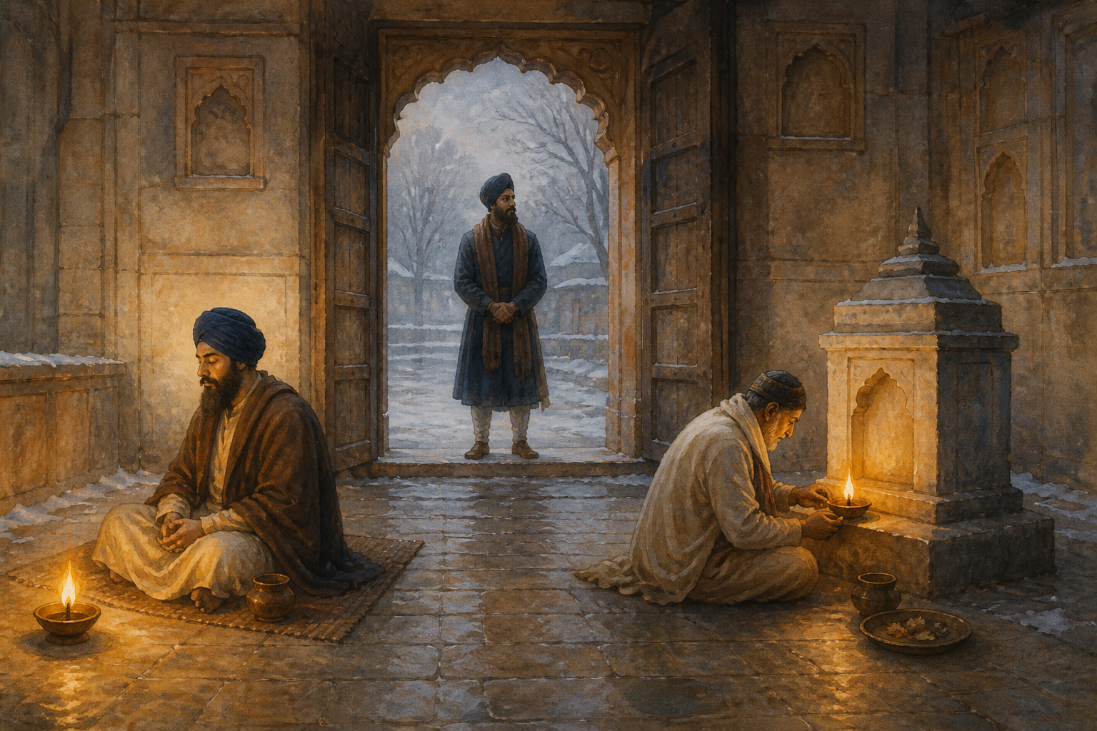 A Sikh protector watches an open courtyard where a Sikh worshipper meditates and a Kashmiri Hindu scholar tends an oil lamp separately.