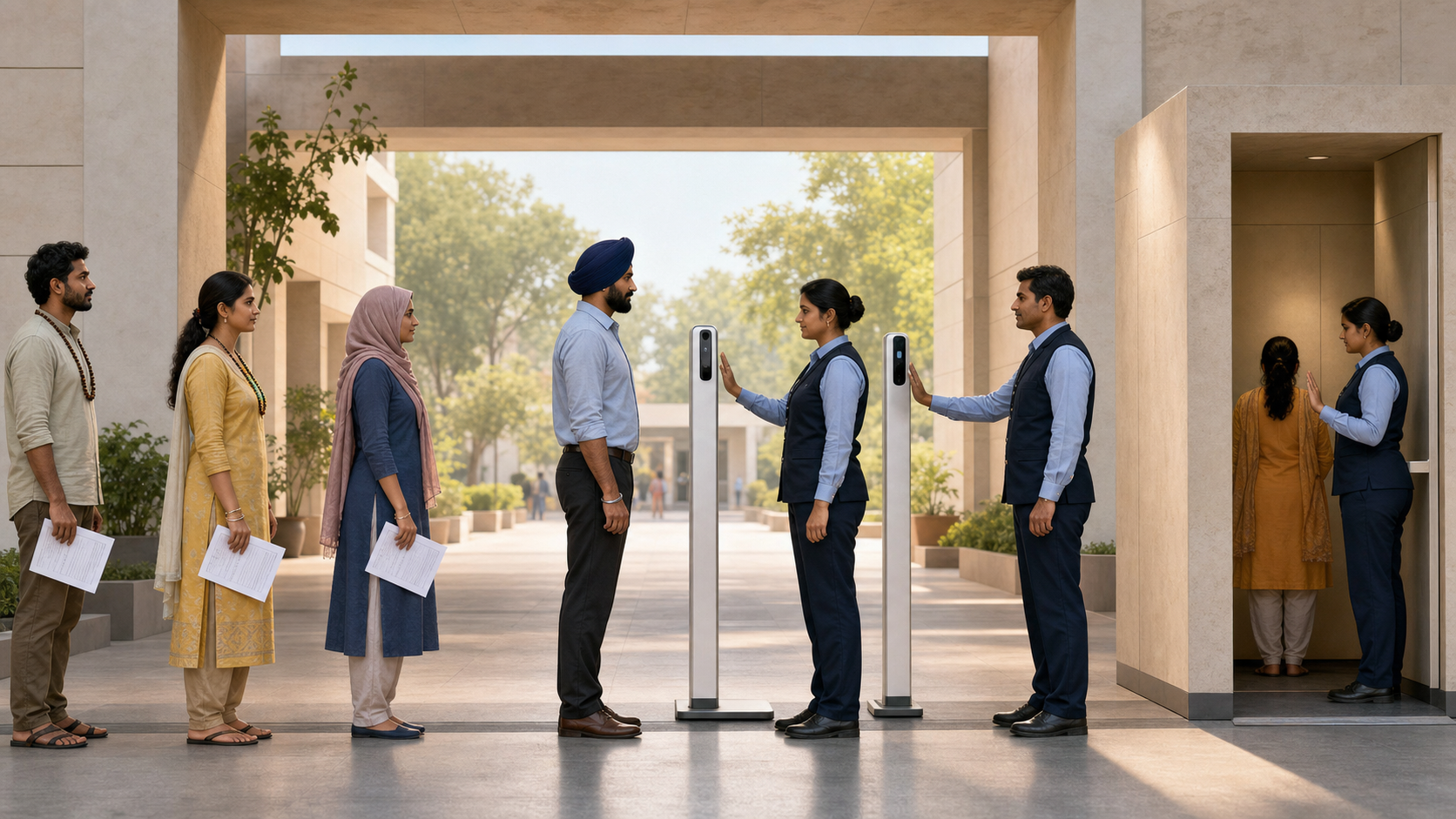 Candidates wearing a turban, kara, tilak, mangalsutra, headscarf, and mala approach the same security checkpoint at an Indian examination centre.