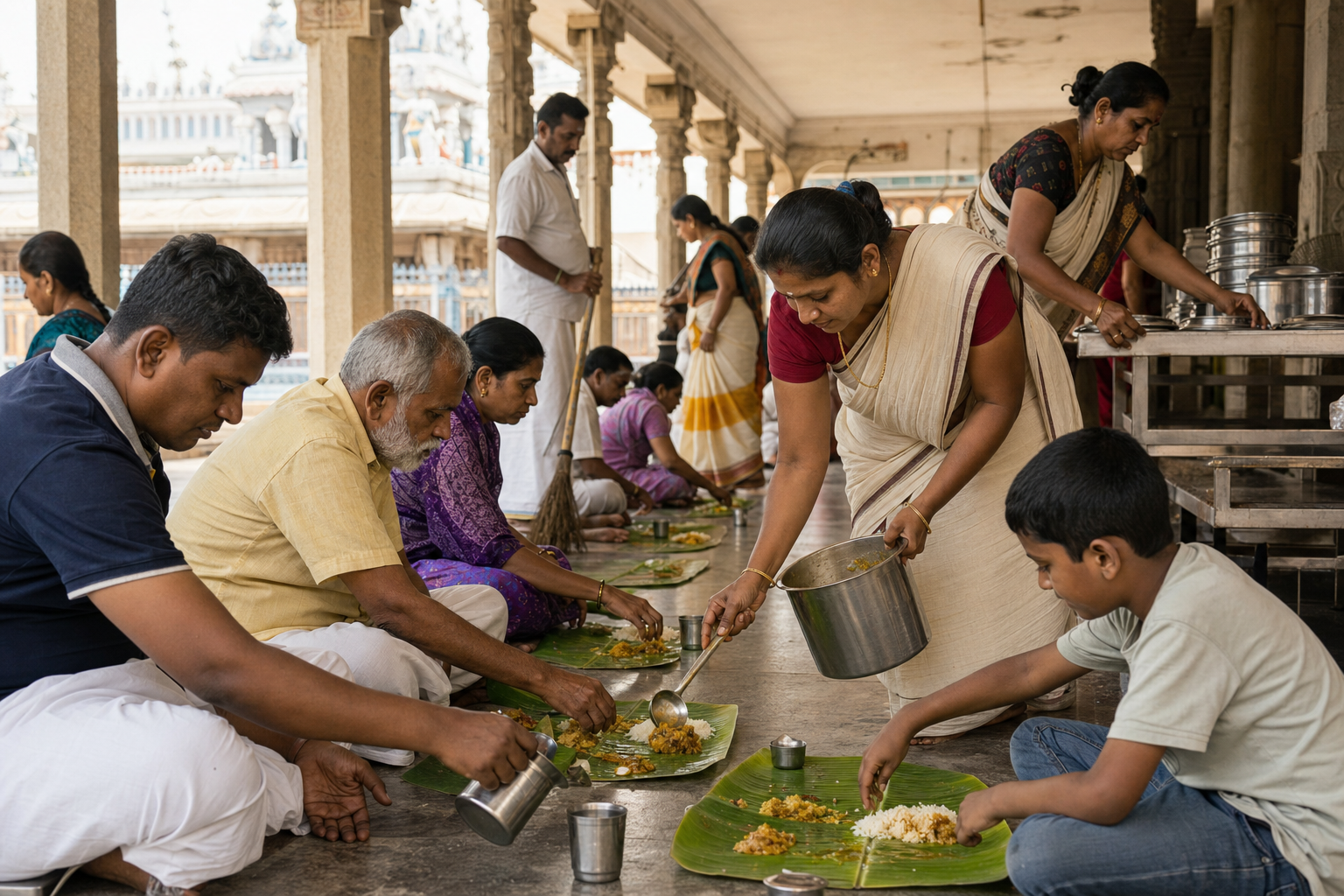 Pilgrims and volunteers serve meals on banana leaves, clean vessels, and sweep a temple community hall after the festival.